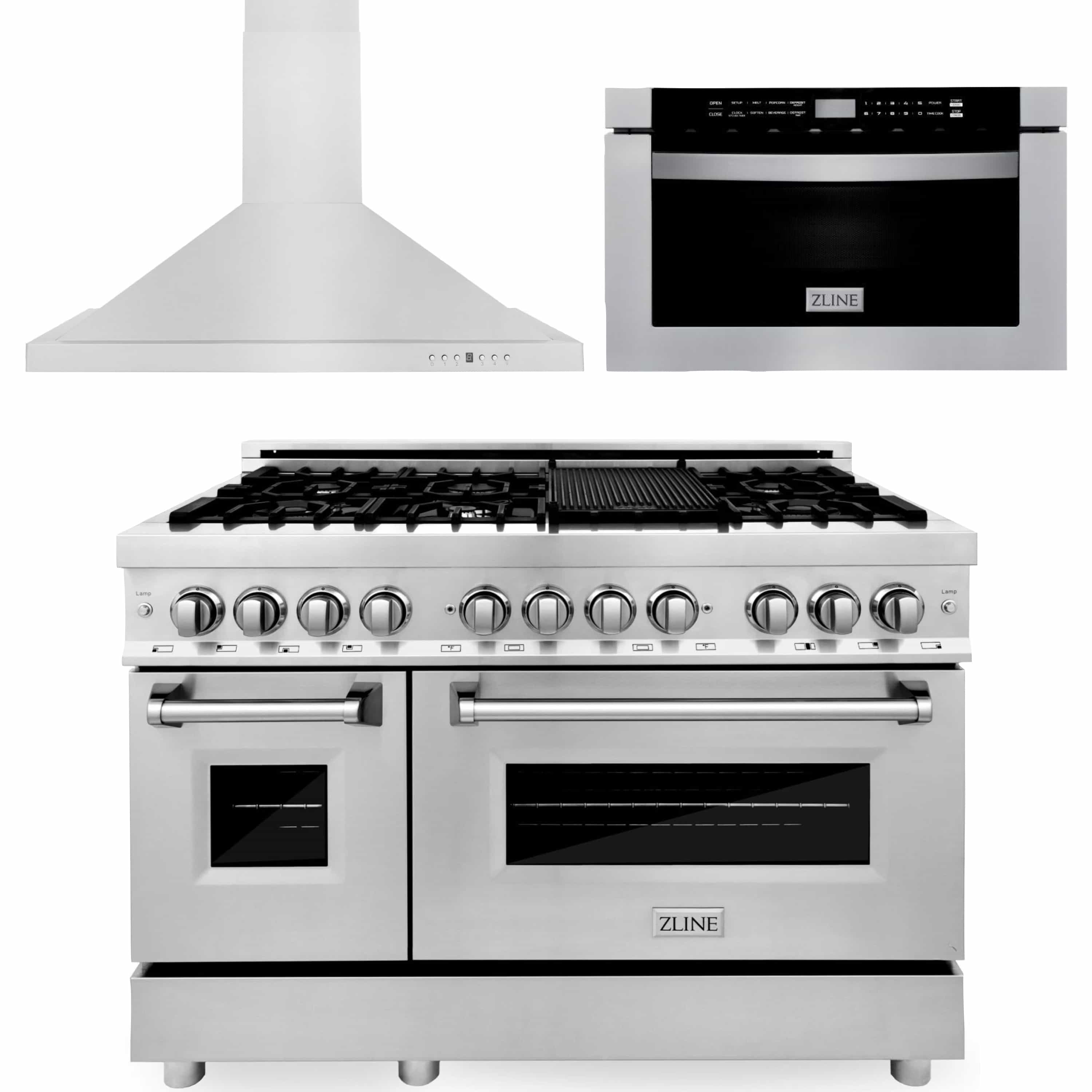 Stainless steel dual fuel range with gas cooktop, two ovens, and ZLINE hood