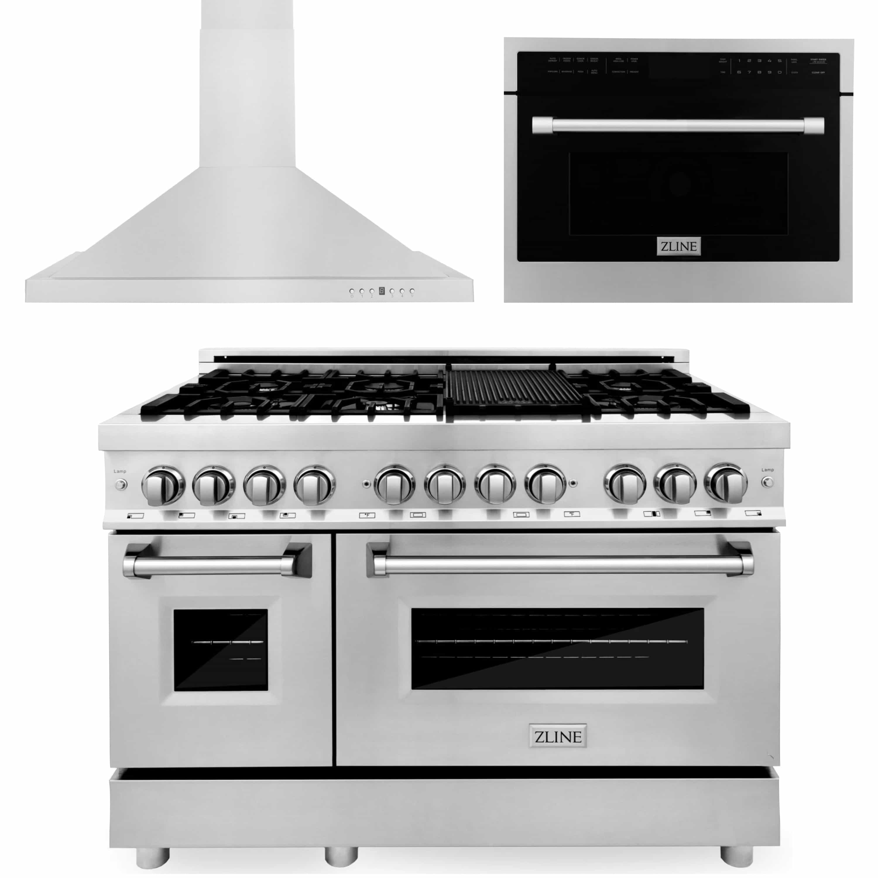Stainless steel range with grates, range hood, and microwave oven in a coordinated set