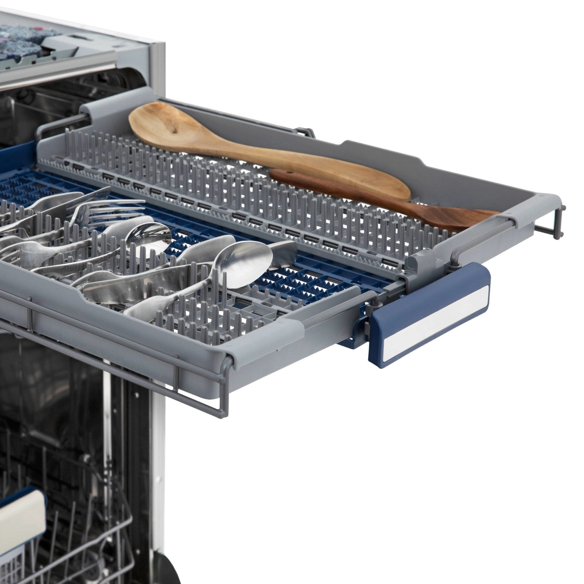 Dishwasher rack with utensil holder and blue-tinted end caps