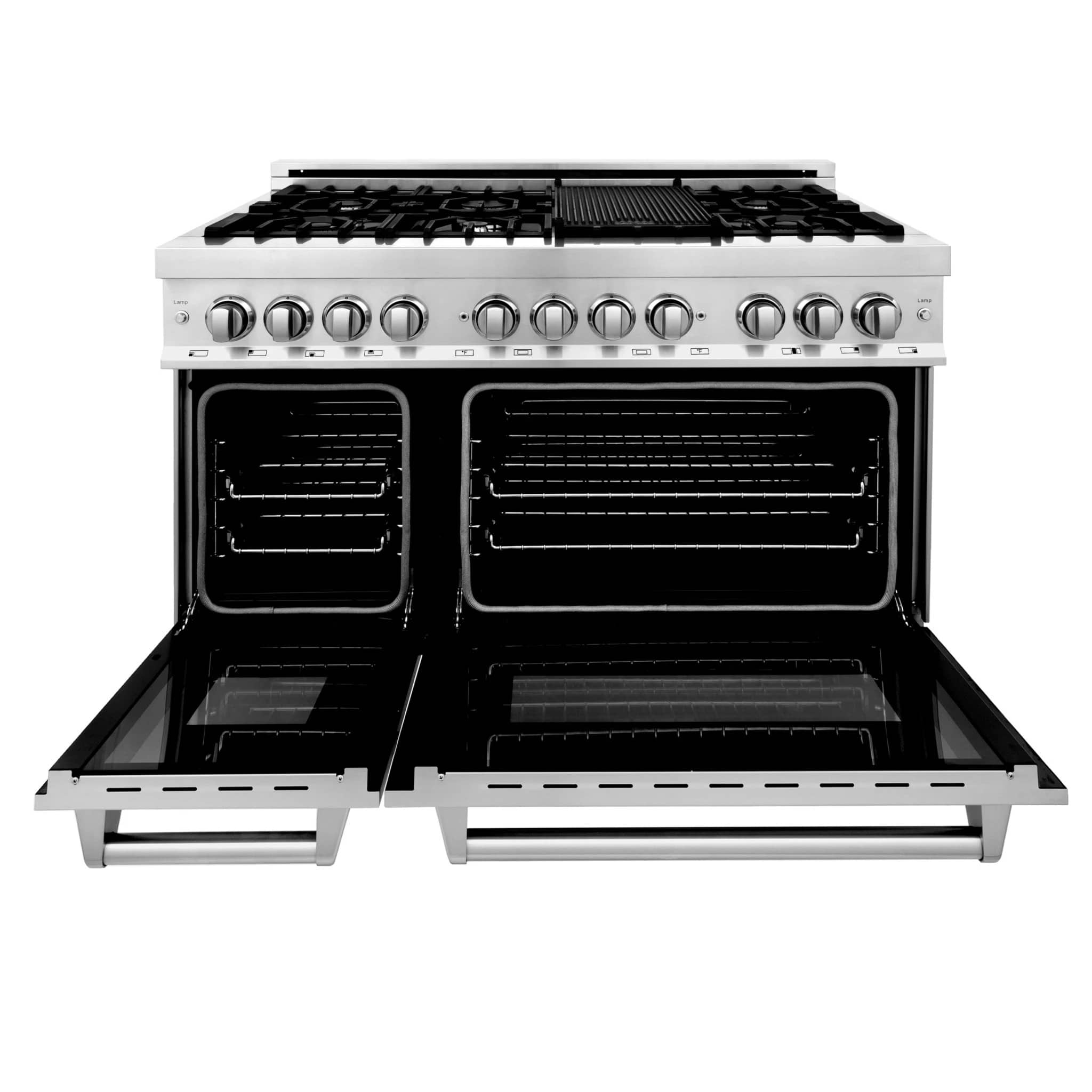 Dual fuel range oven door open showing two black oven cavities and racks