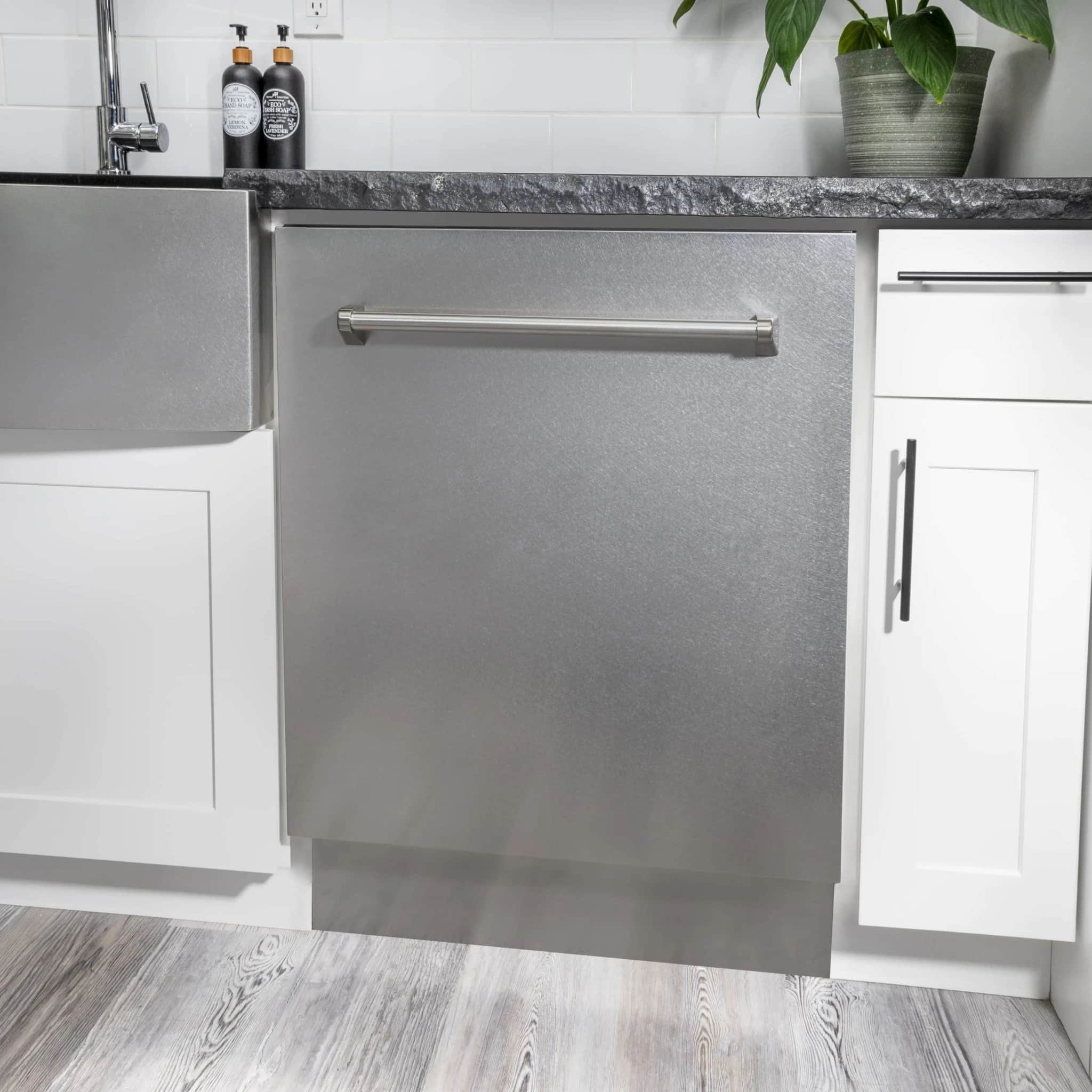 Stainless steel ZLINE dishwasher with front handle and control area