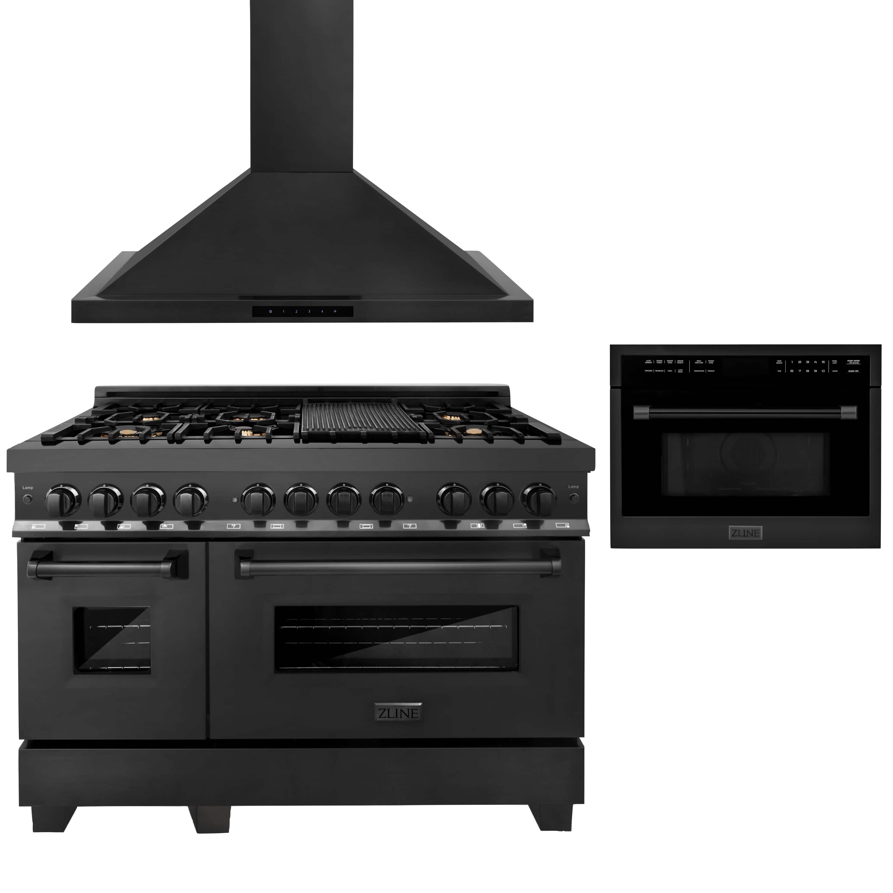Dual fuel range with brass burners and black chimney hood