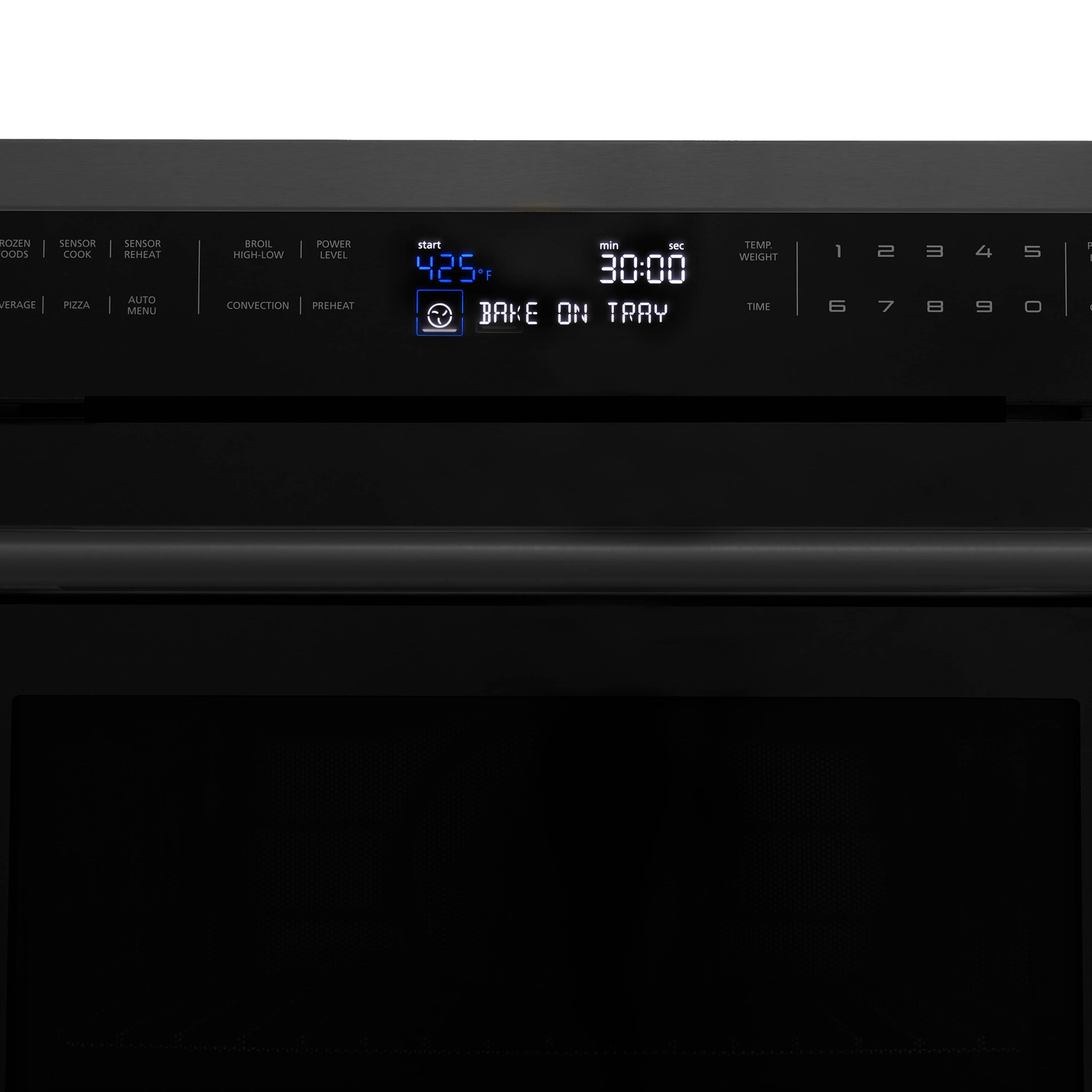 Microwave oven control panel with blue digital display and buttons