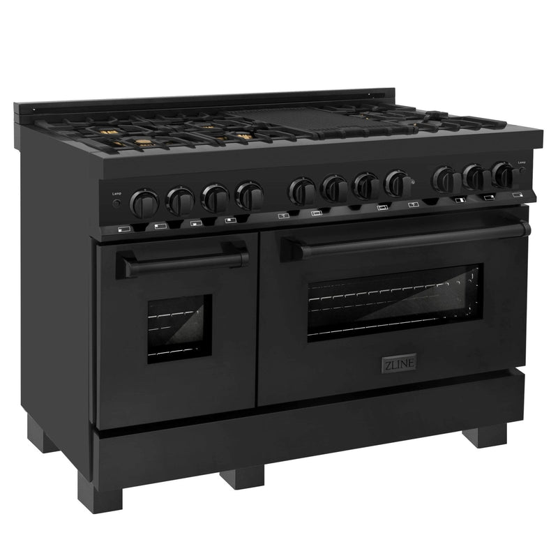 ZLINE 3-Piece Appliance Package - 48-inch Dual Fuel Range with Brass Burners, Convertible Wall Mount Hood & Dishwasher in Black Stainless Steel (3KP-RABRH48-DW) Appliance Package ZLINE 