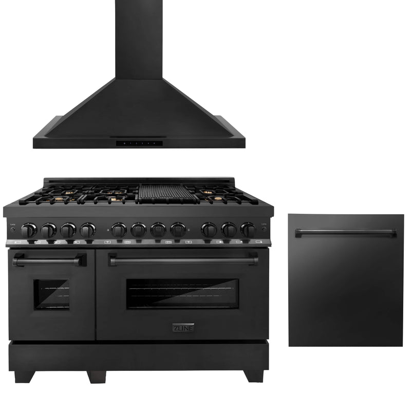 ZLINE 3-Piece Appliance Package - 48-inch Dual Fuel Range with Brass Burners, Convertible Wall Mount Hood & Dishwasher in Black Stainless Steel (3KP-RABRH48-DW) Appliance Package ZLINE 