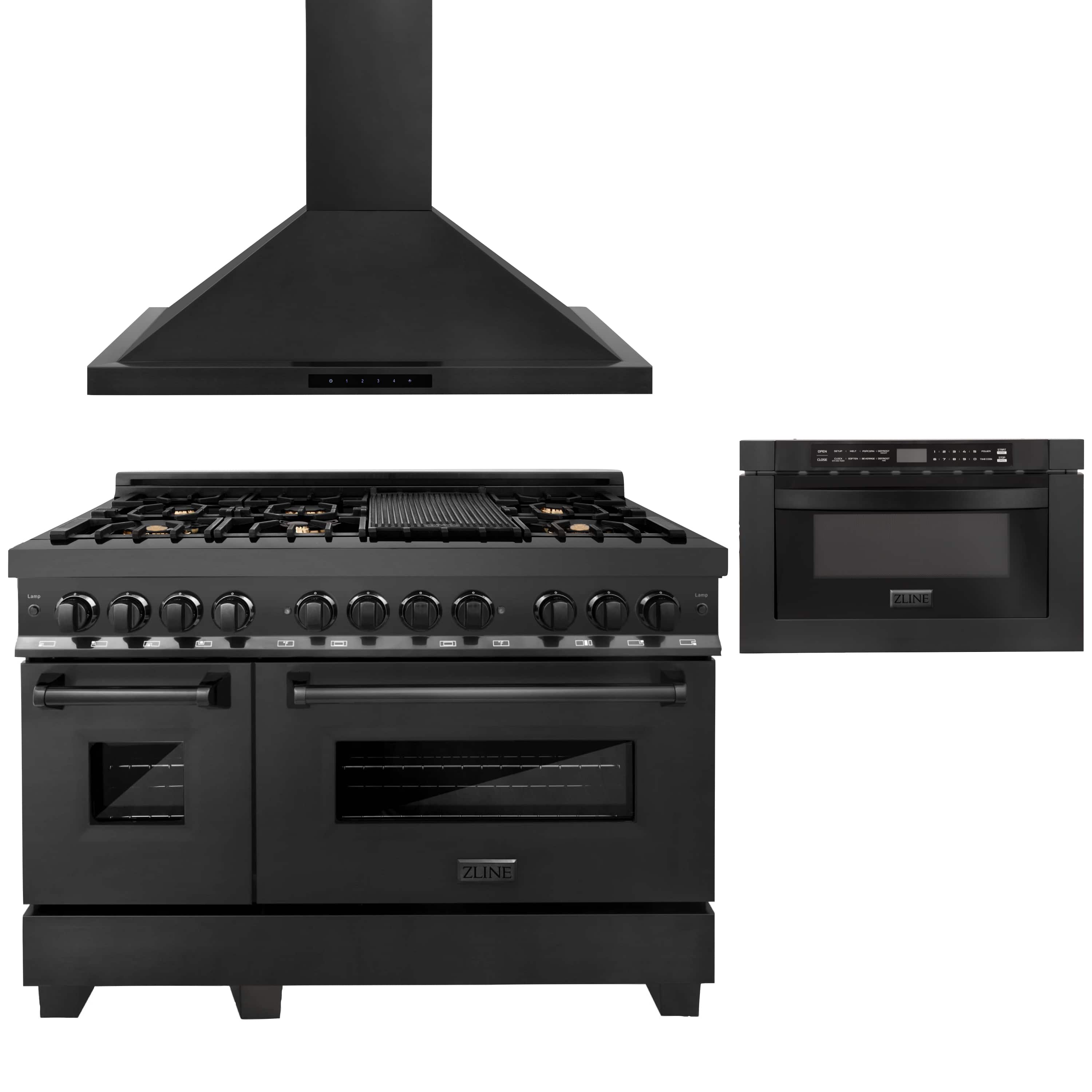 Black dual fuel range with gas burners, ovens, and microwave drawer