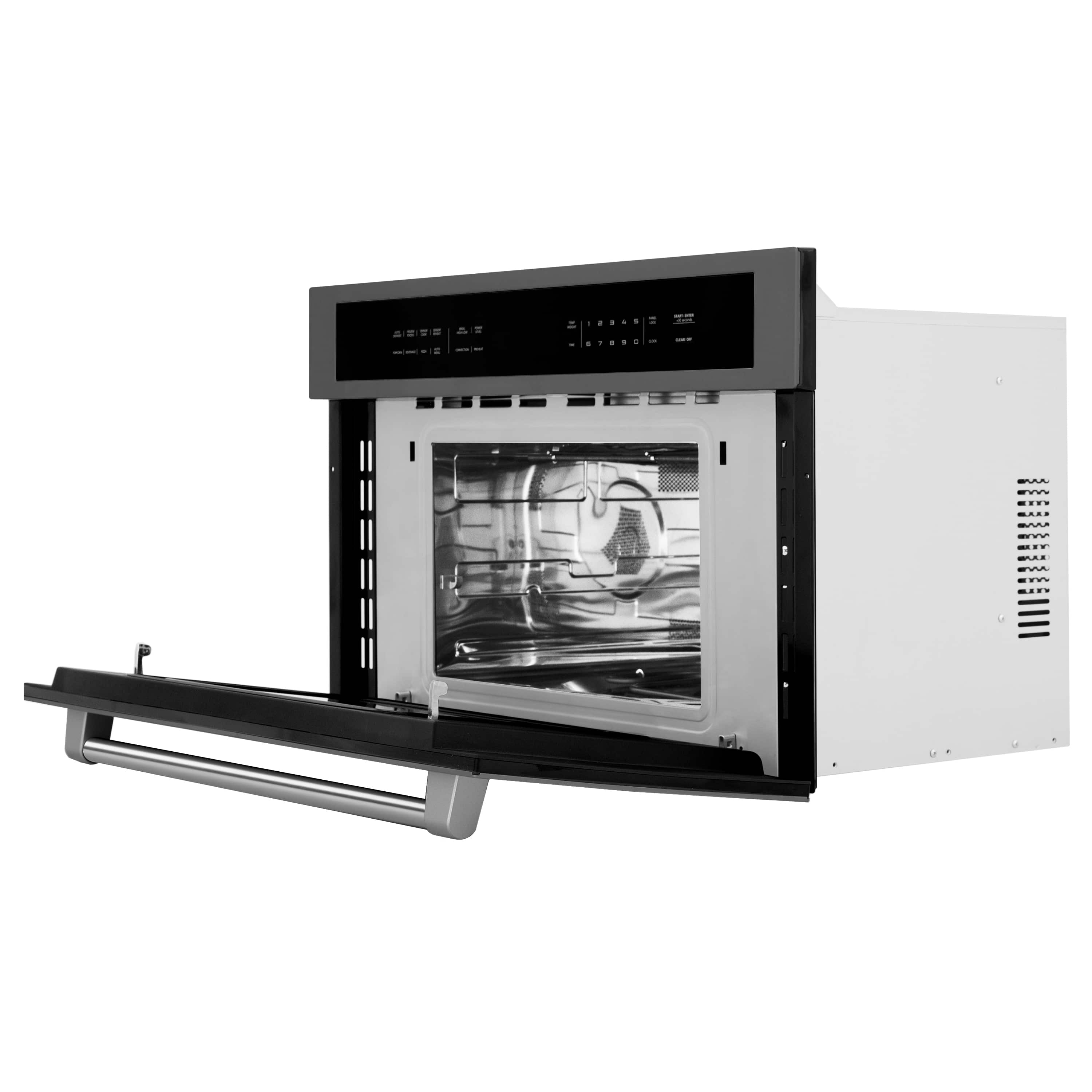 Black stainless steel built-in convection microwave oven with open door and interior cooking chamber