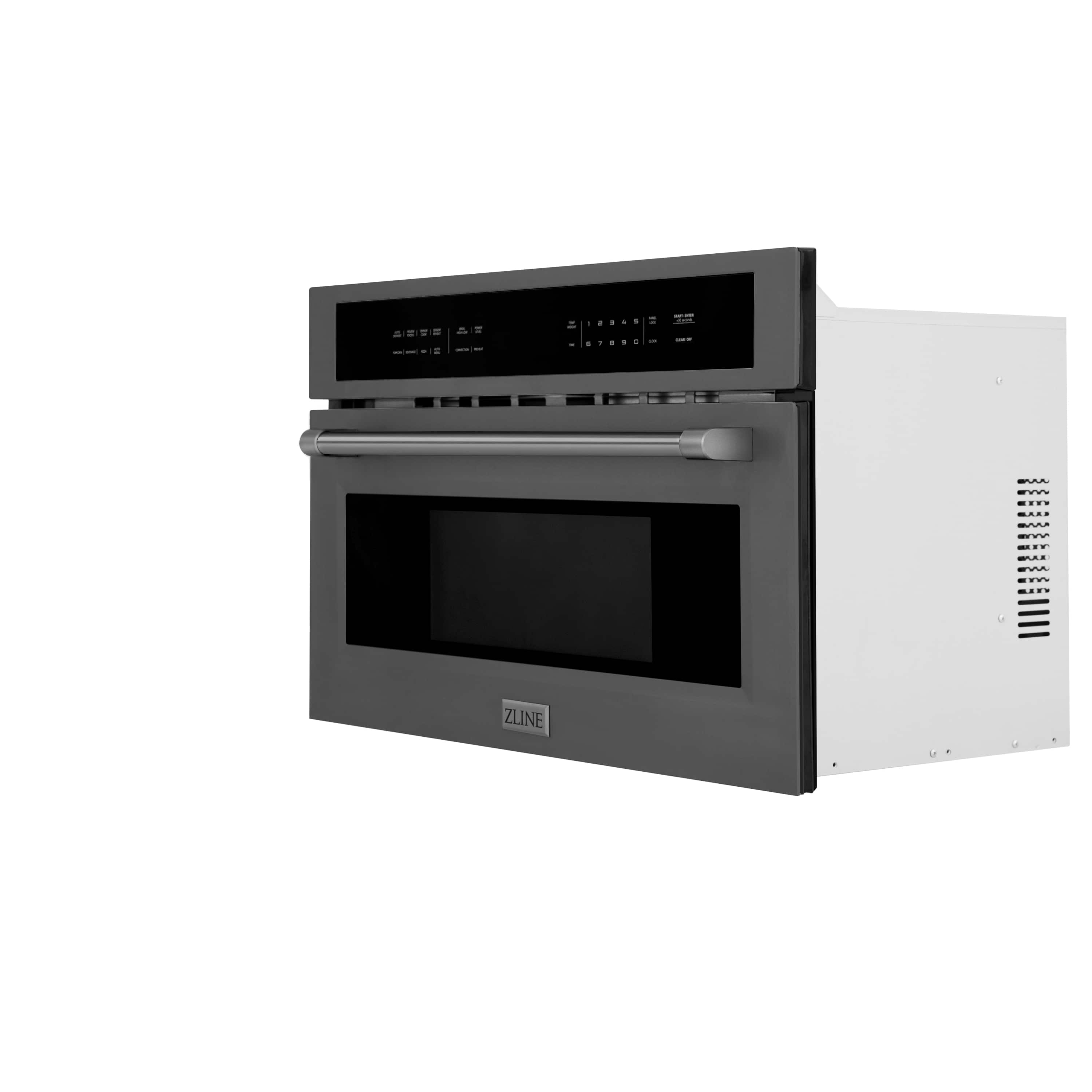 Black stainless steel built-in convection microwave oven with open door and interior cavity