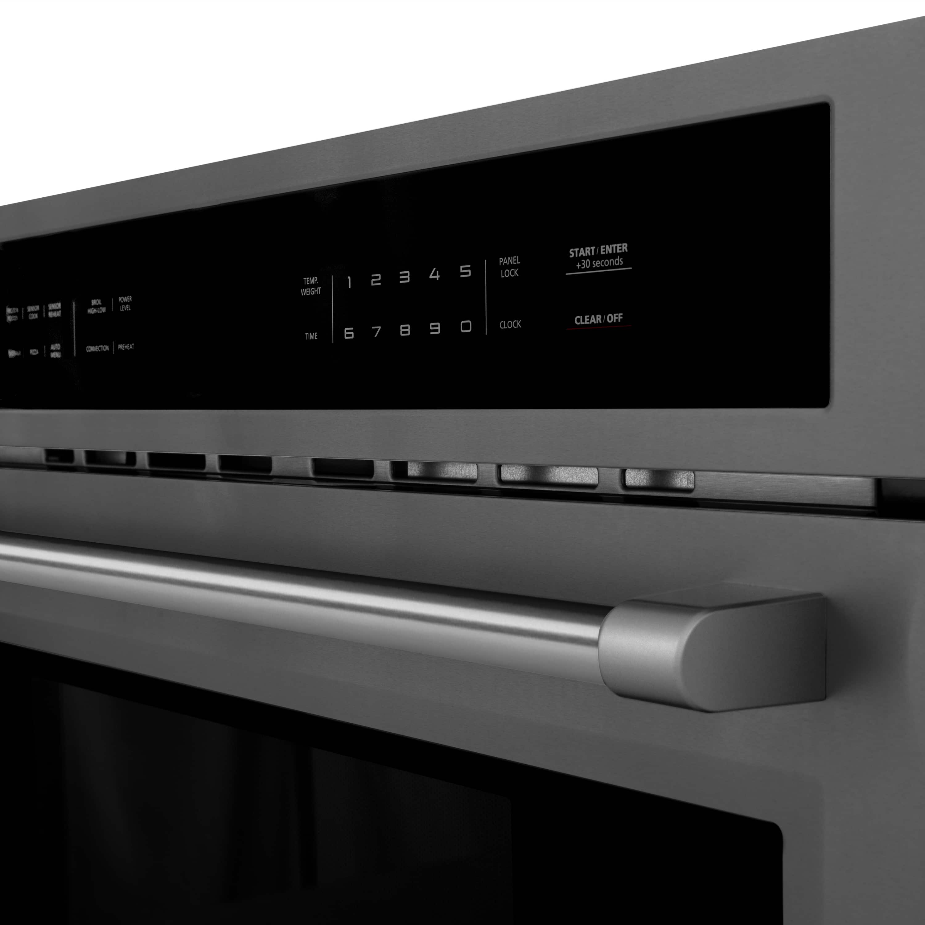 Black stainless steel built-in convection microwave oven front control panel and handle