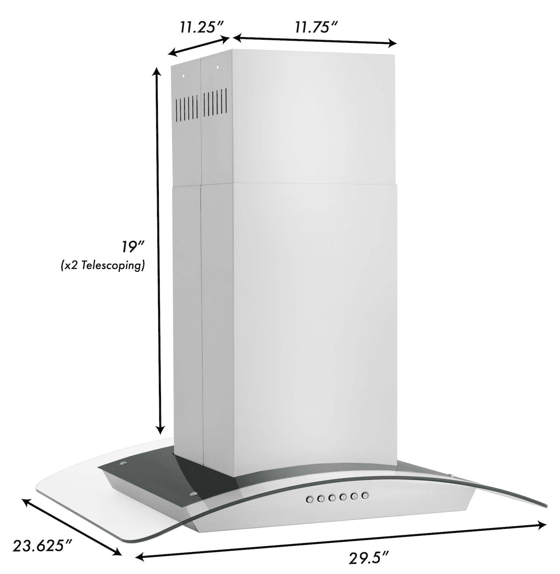 Stainless steel island range hood size diagram with telescoping height labels
