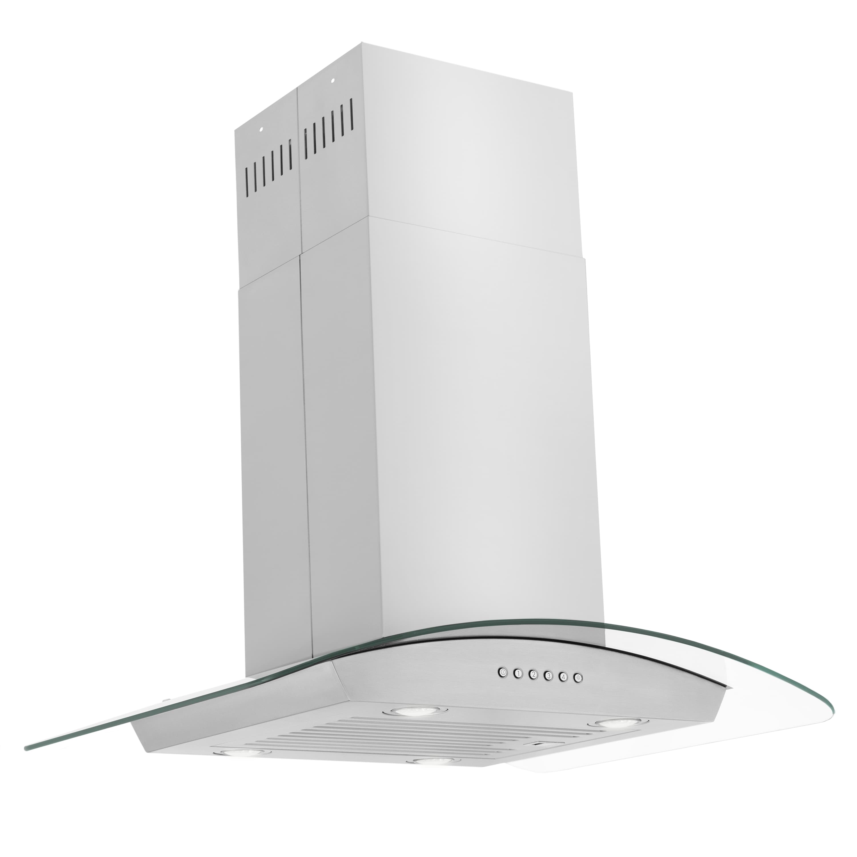Stainless steel island range hood with chimney and curved glass canopy
