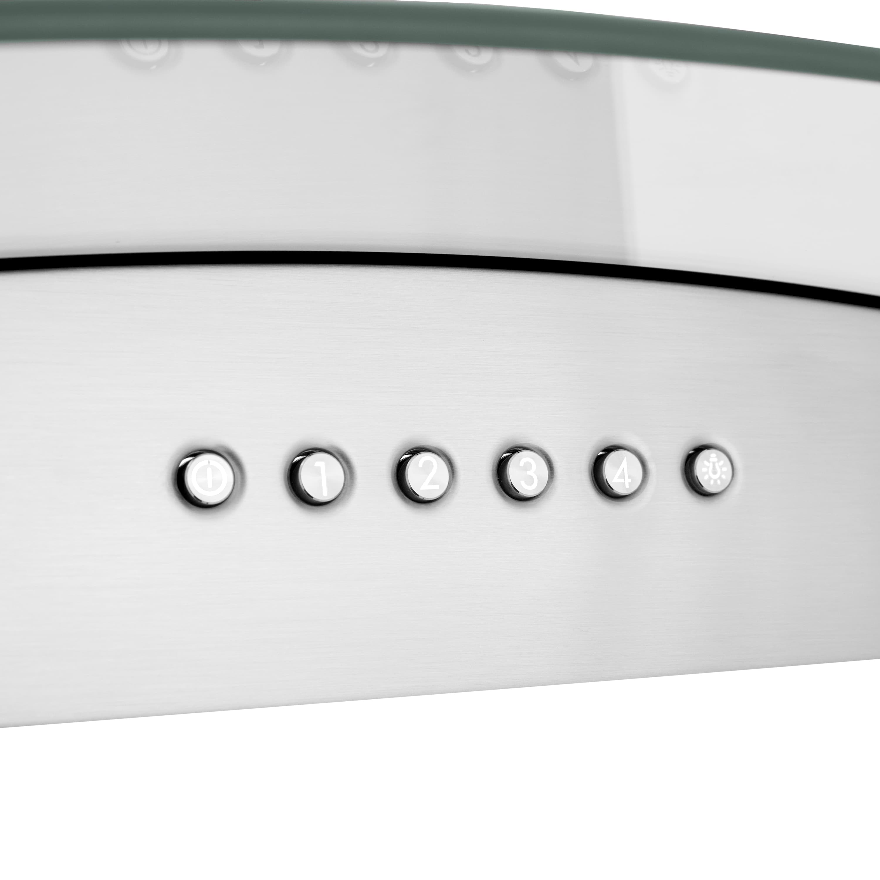Stainless steel control panel with circular fan buttons labeled 1 to 4