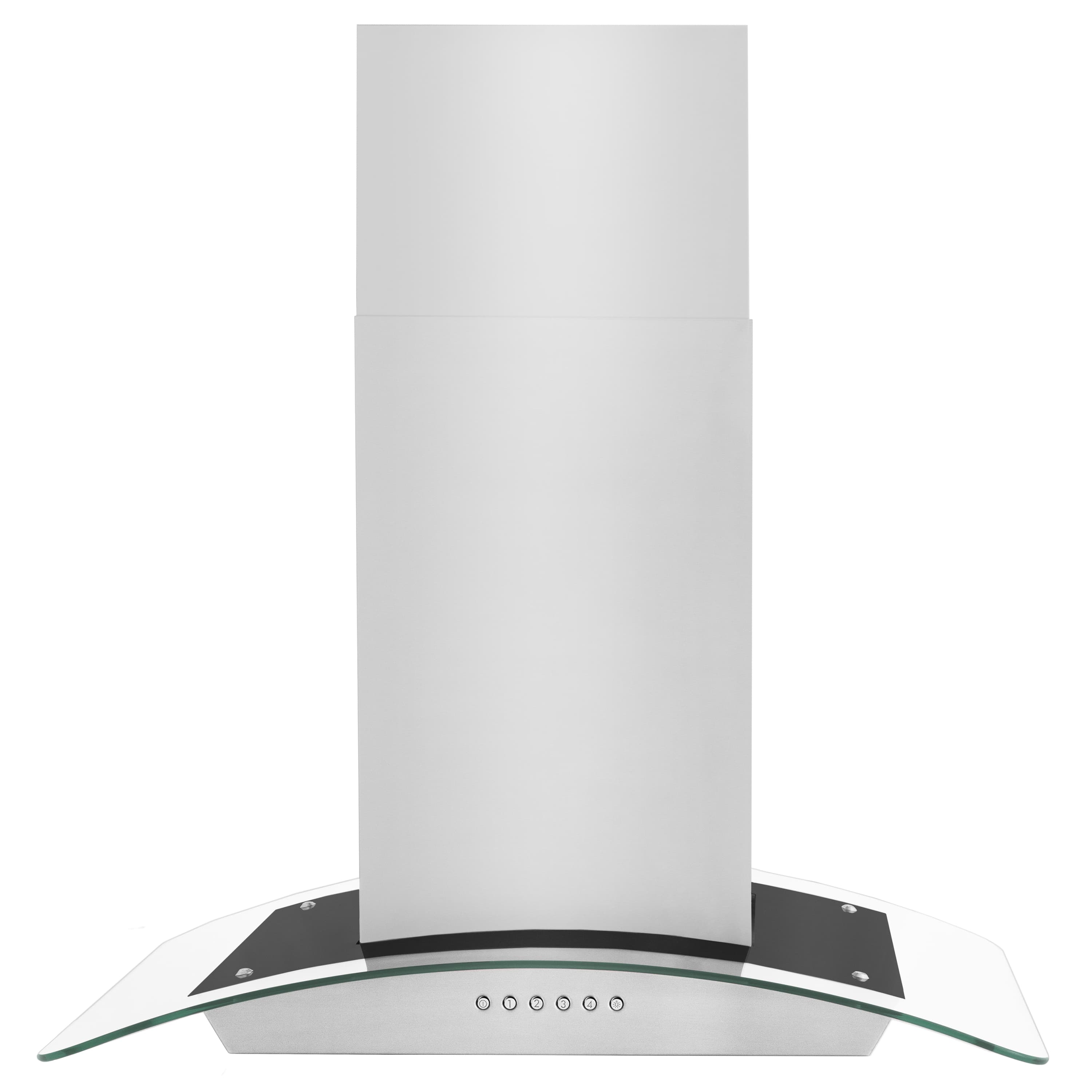 Stainless steel range hood chimney with base and curved clear glass shield
