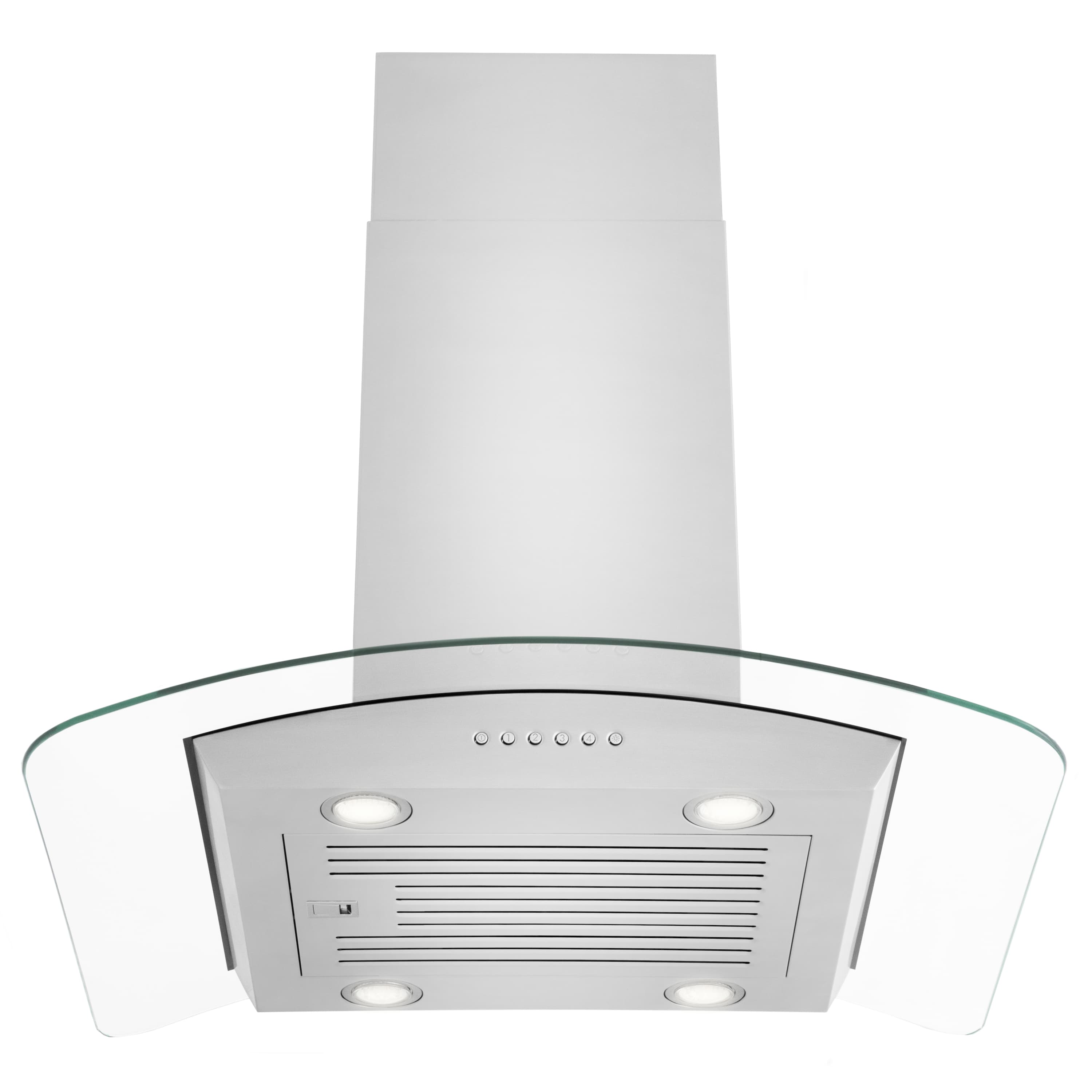 Stainless steel convertible island range hood with underside lights and clear glass