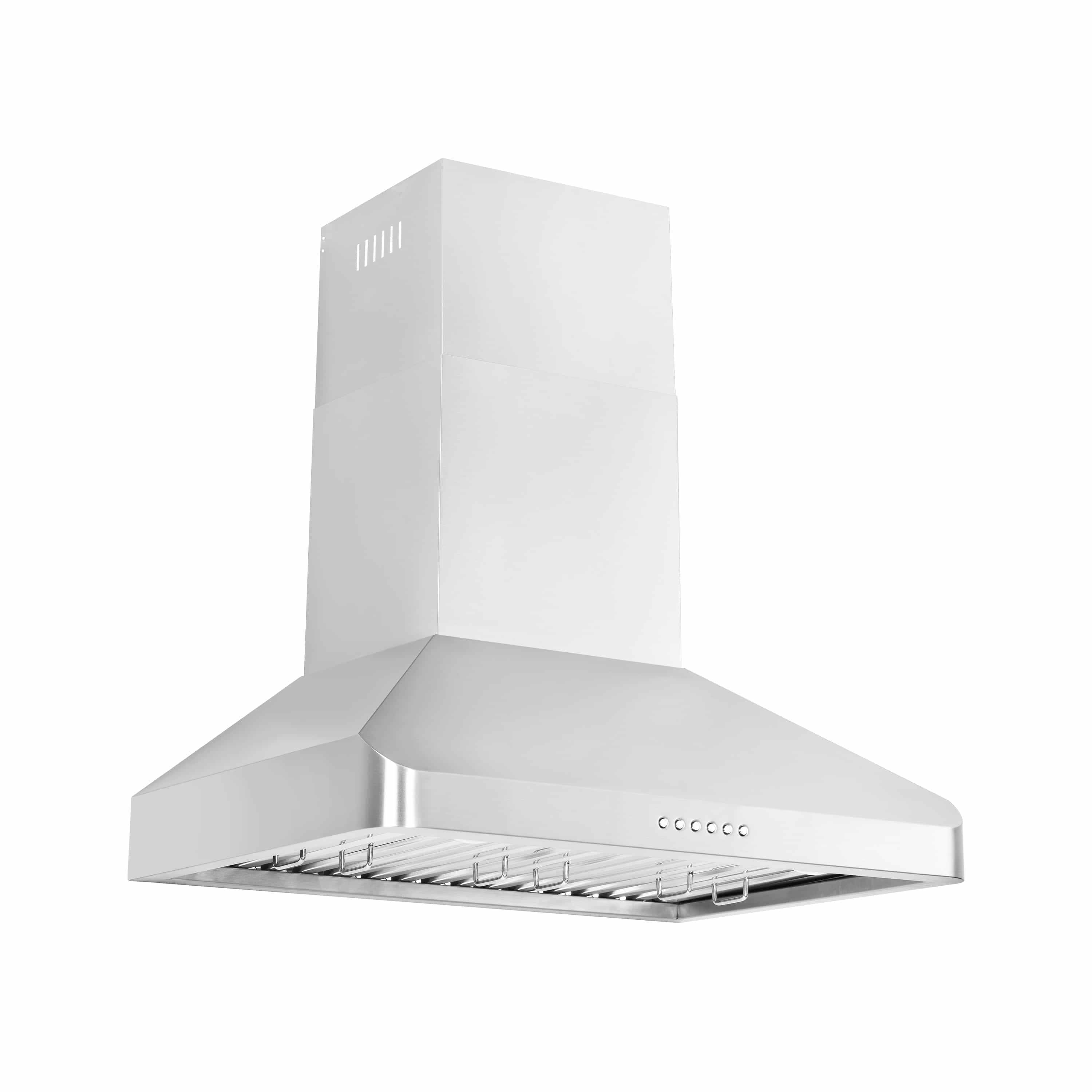 Stainless steel ducted wall-mount range hood with curved canopy and front controls