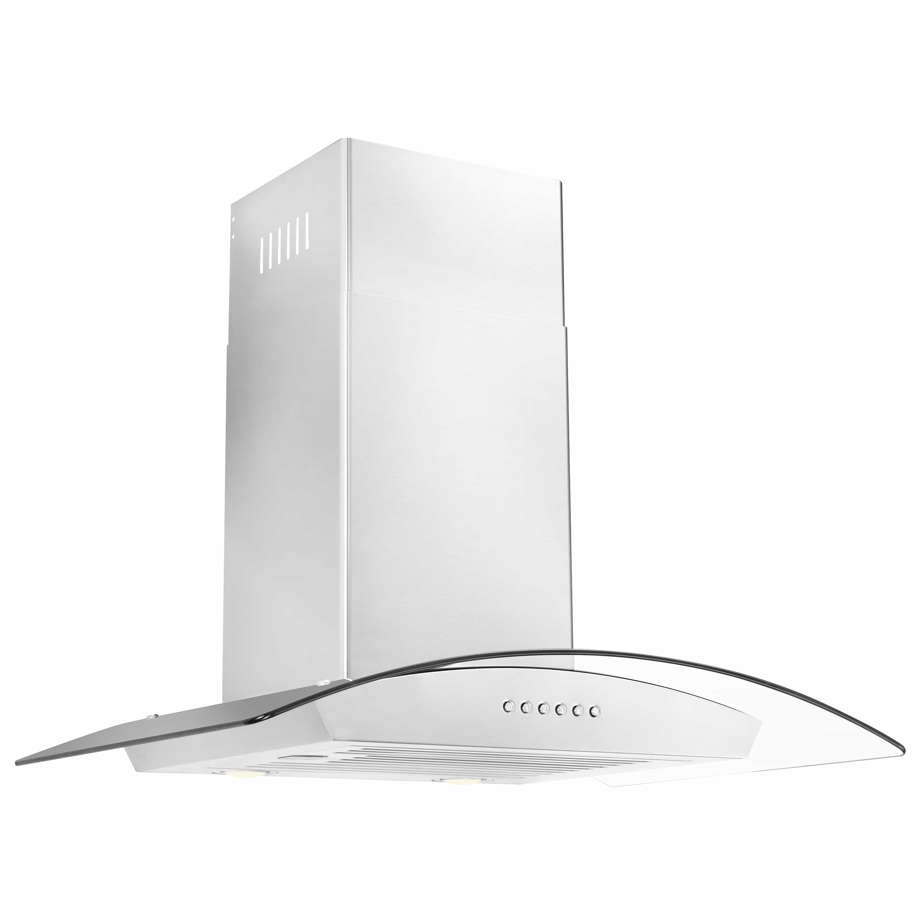 Stainless steel wall-mount range hood with curved canopy and vented chimney