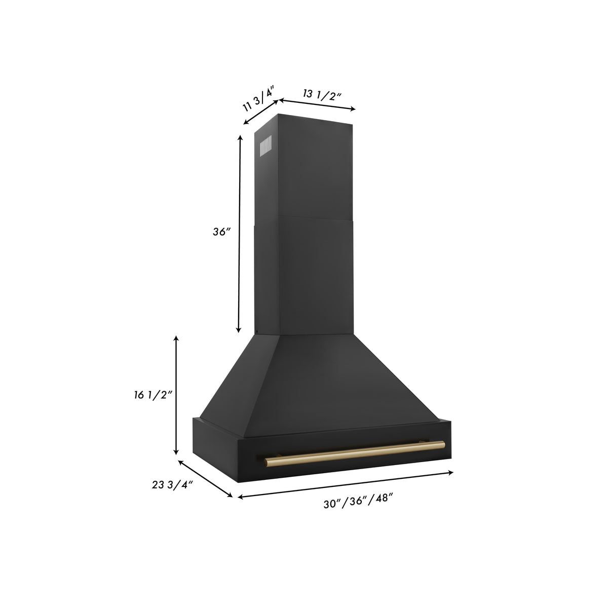 Black wall mount range hood with dimensions and champagne bronze front rail
