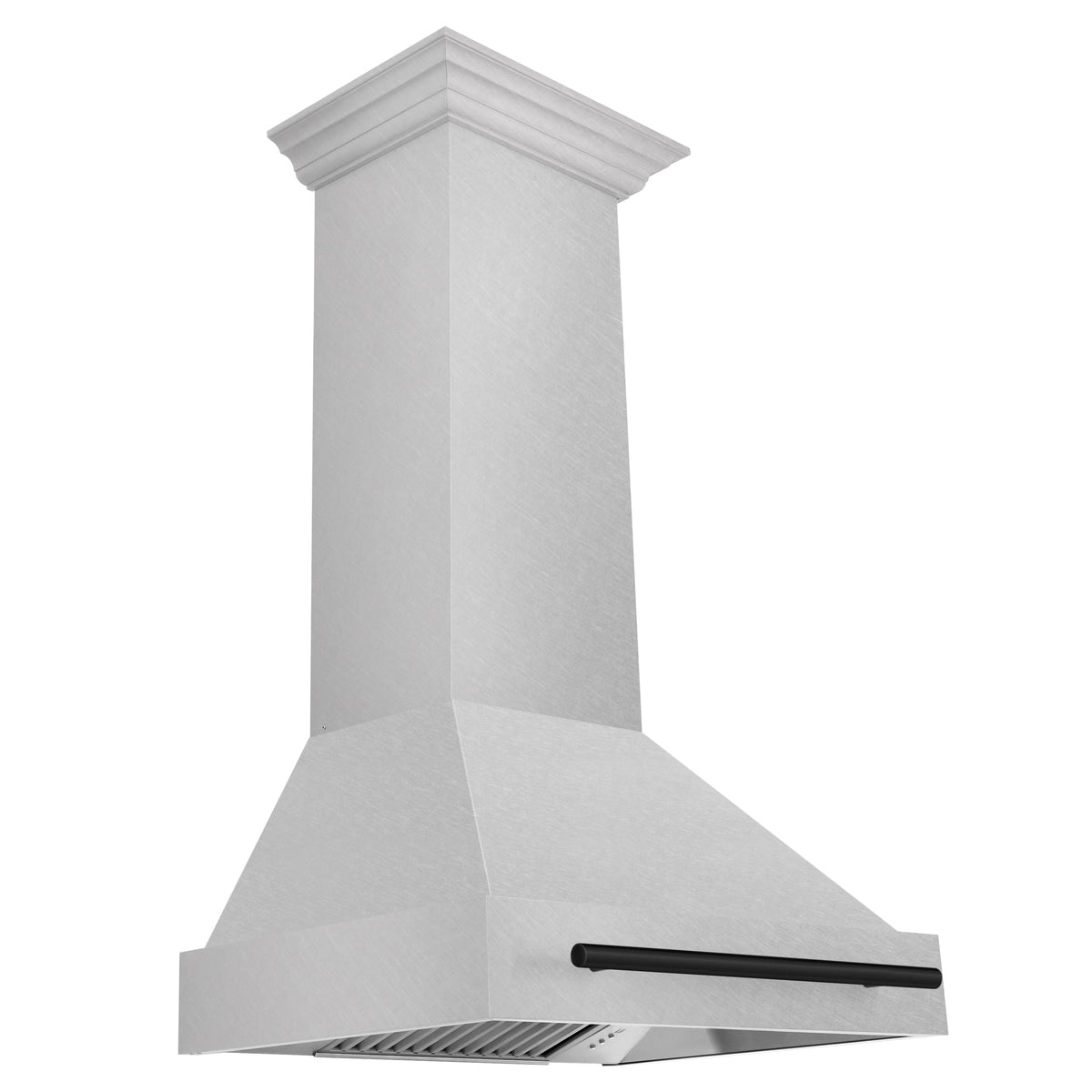 Wall mount range hood with satin stainless chimney and matte black handle bar