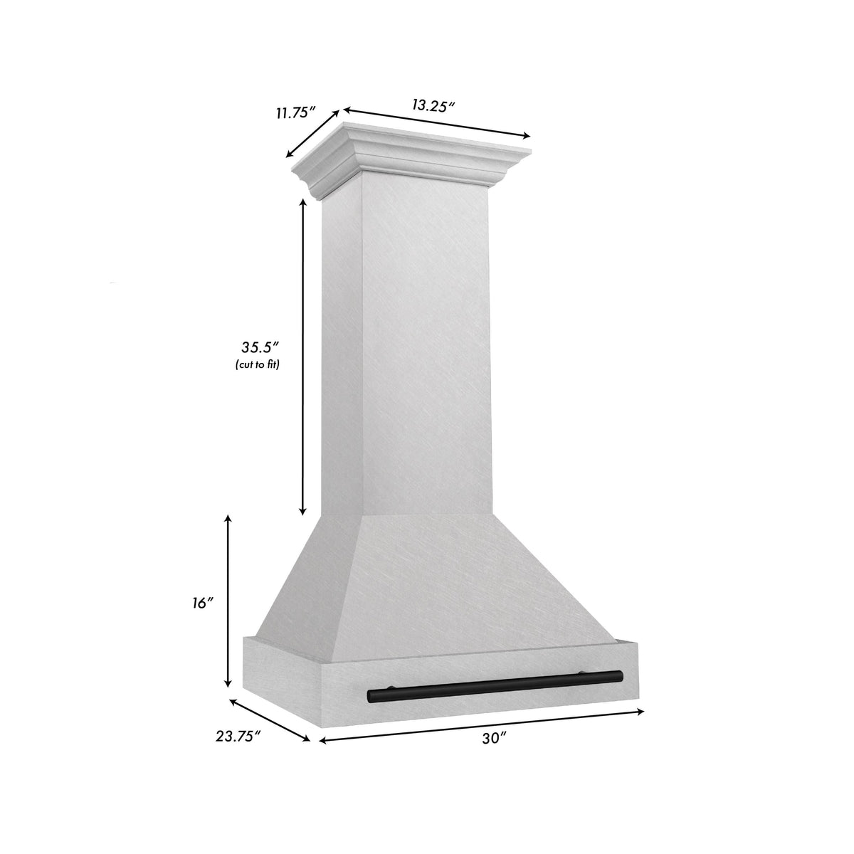 Wall mount range hood, satin stainless chimney with matte black bar handle, 30 in