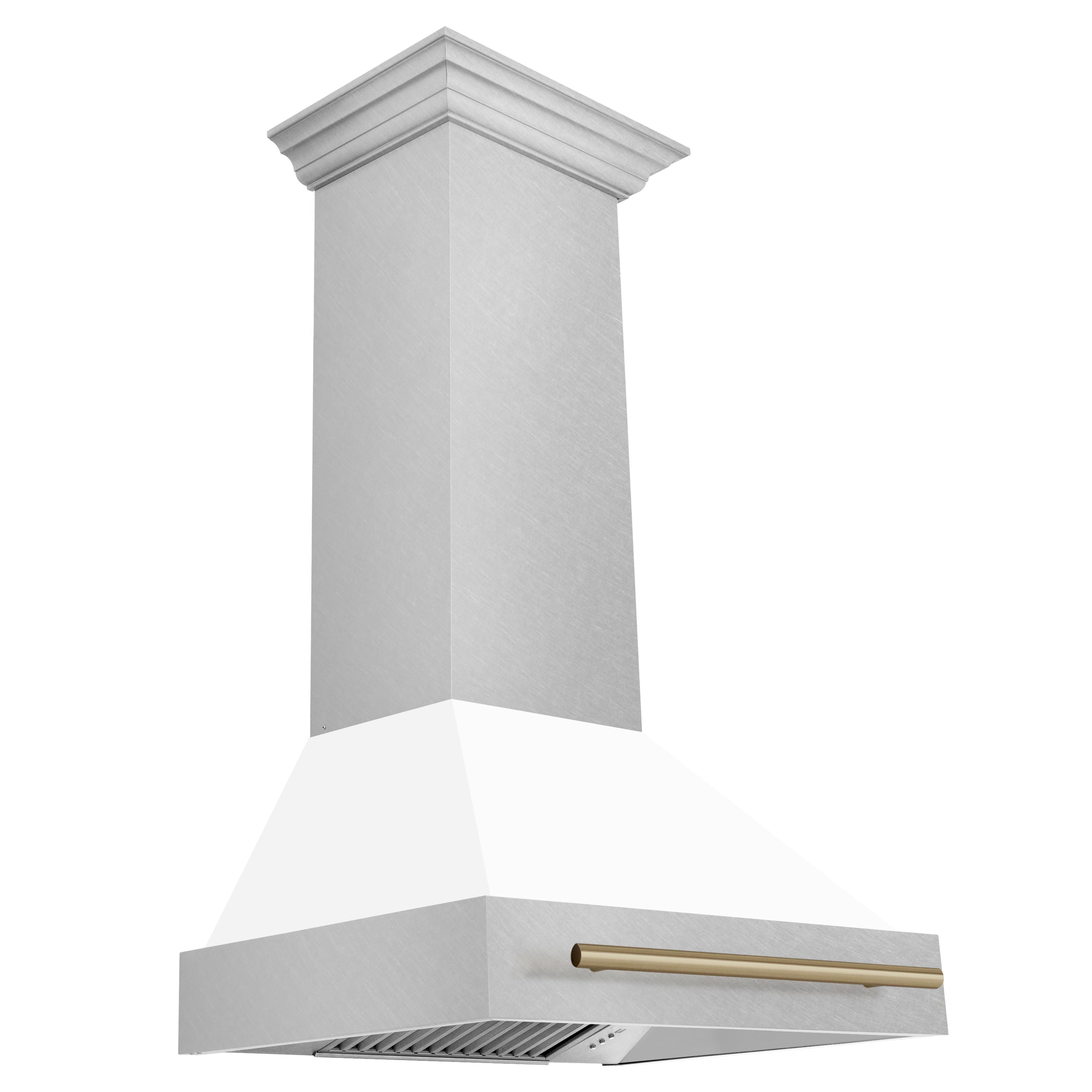 Wall-mount range hood: white matte chimney, satin stainless vent, champagne bronze handle