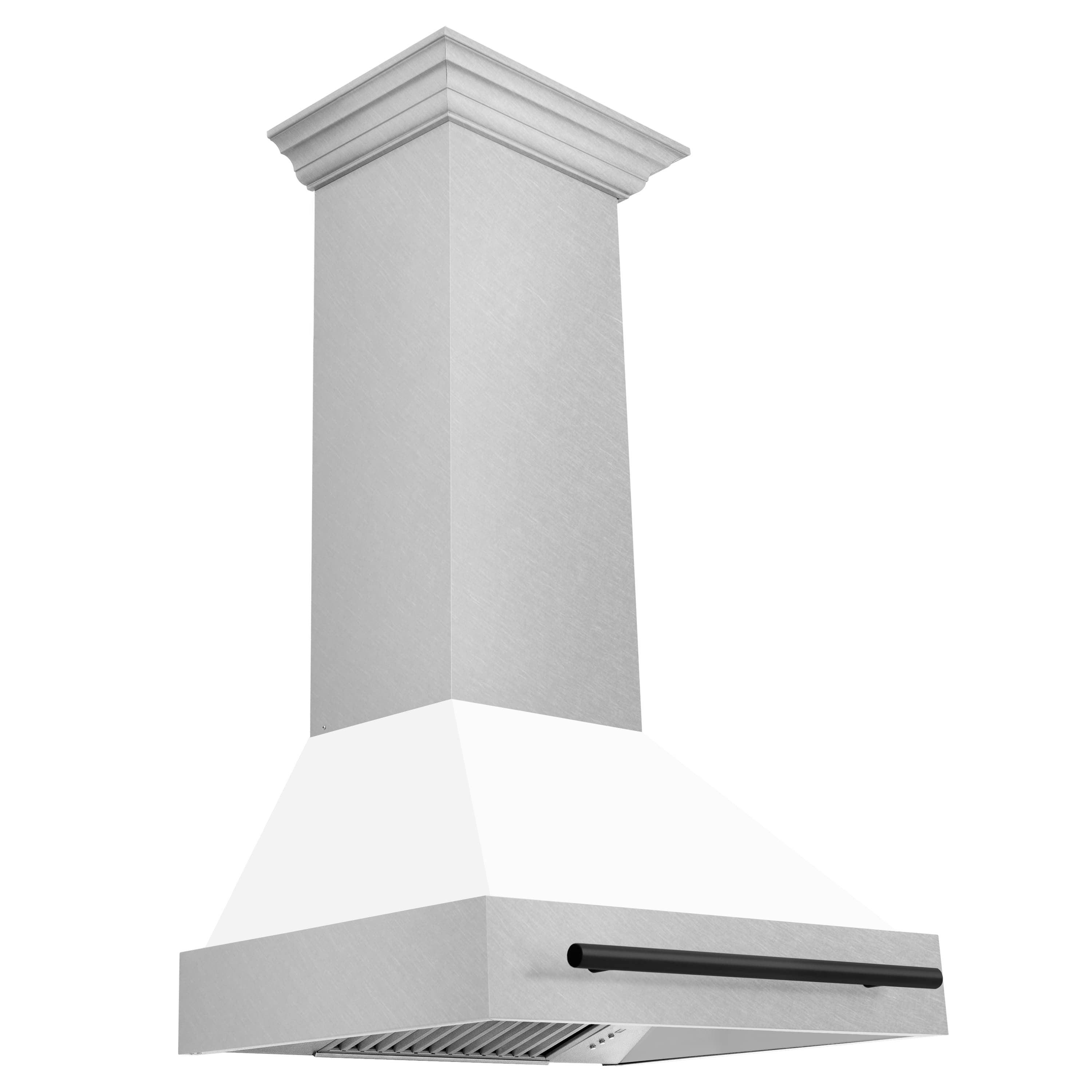 Wall mount range hood in satin stainless with white matte shell and matte black handle
