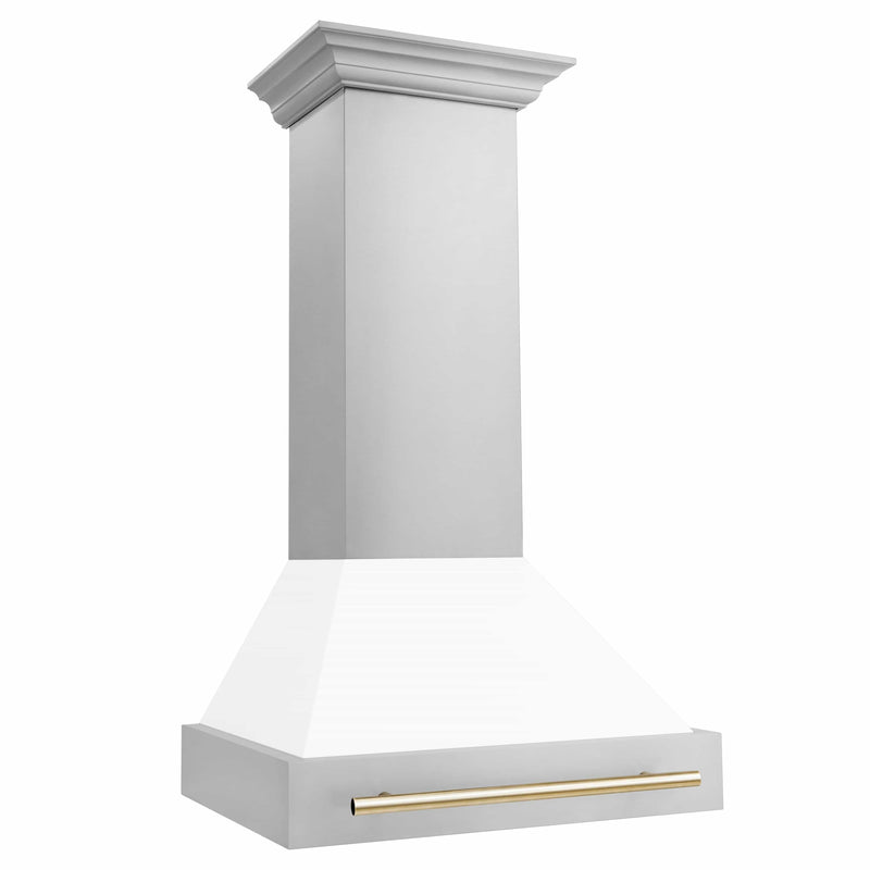 ZLINE 30" Autograph Edition Wall Mount Range Hood in Stainless Steel with White Matte Shell and Gold Handle (8654STZ-WM30-G) Range Hoods ZLINE 
