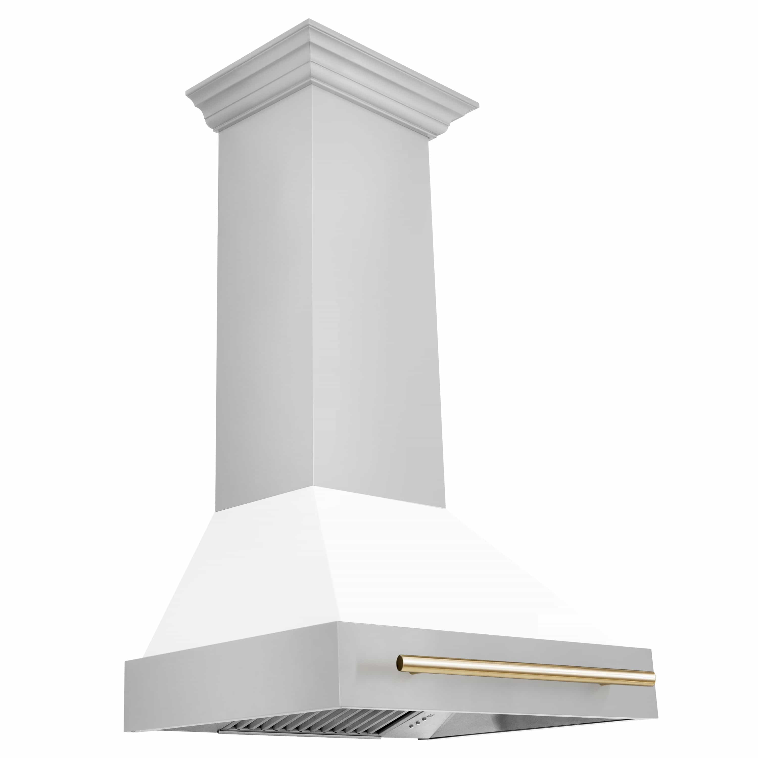 Wall mount range hood with white matte chimney and gold vent bar, angled exterior view.