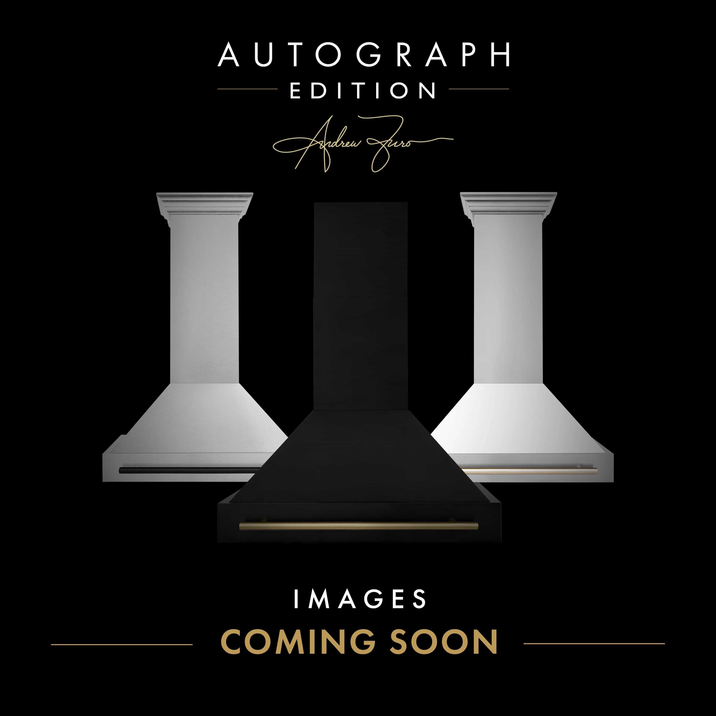 Autograph Edition range hood illustration with three white chimney silhouettes on black.