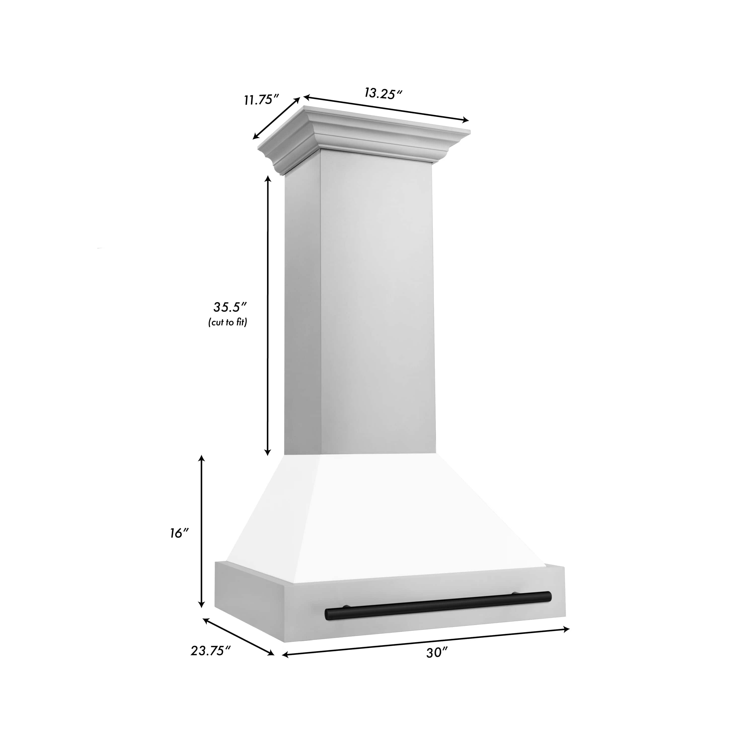 Wall mount range hood dimensions diagram with chimney and white chimney shell profile.