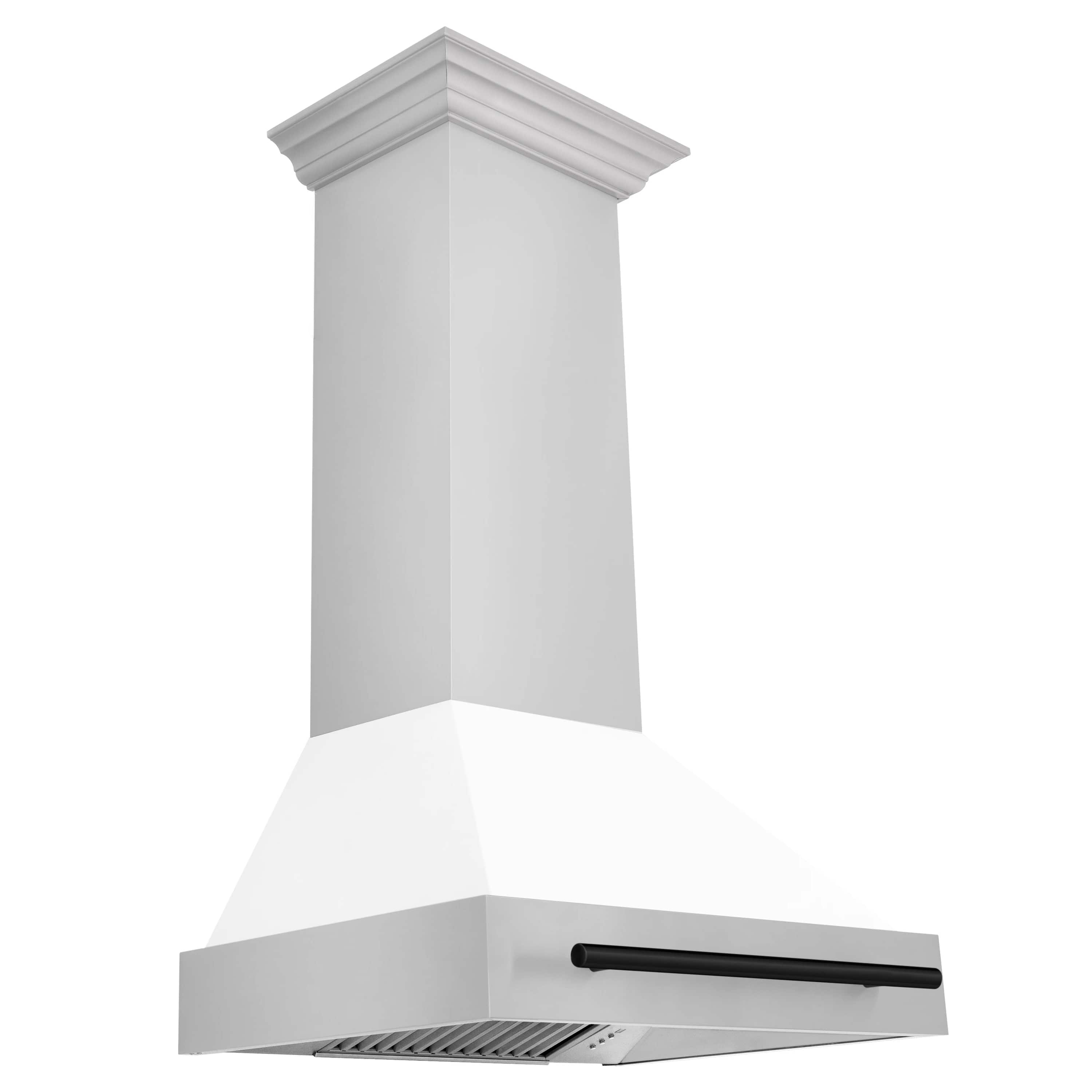 Wall mount range hood angled view with white chimney and matte black handle on base.