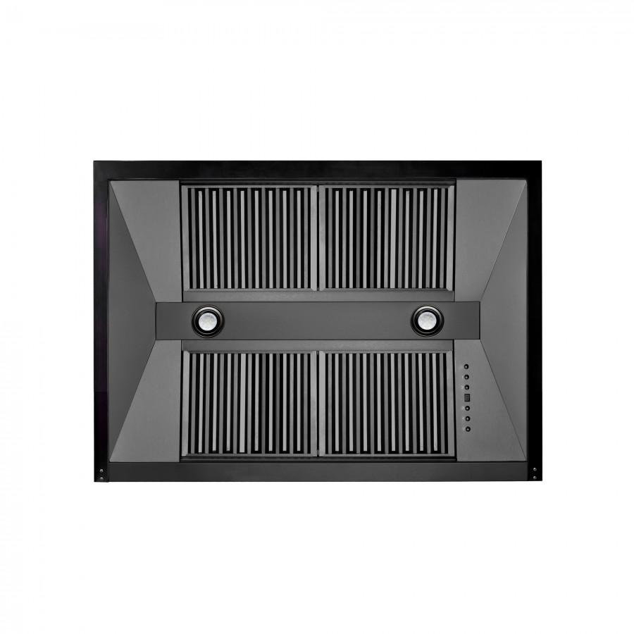 Black range hood underside with dual round lights and front grease filter grates