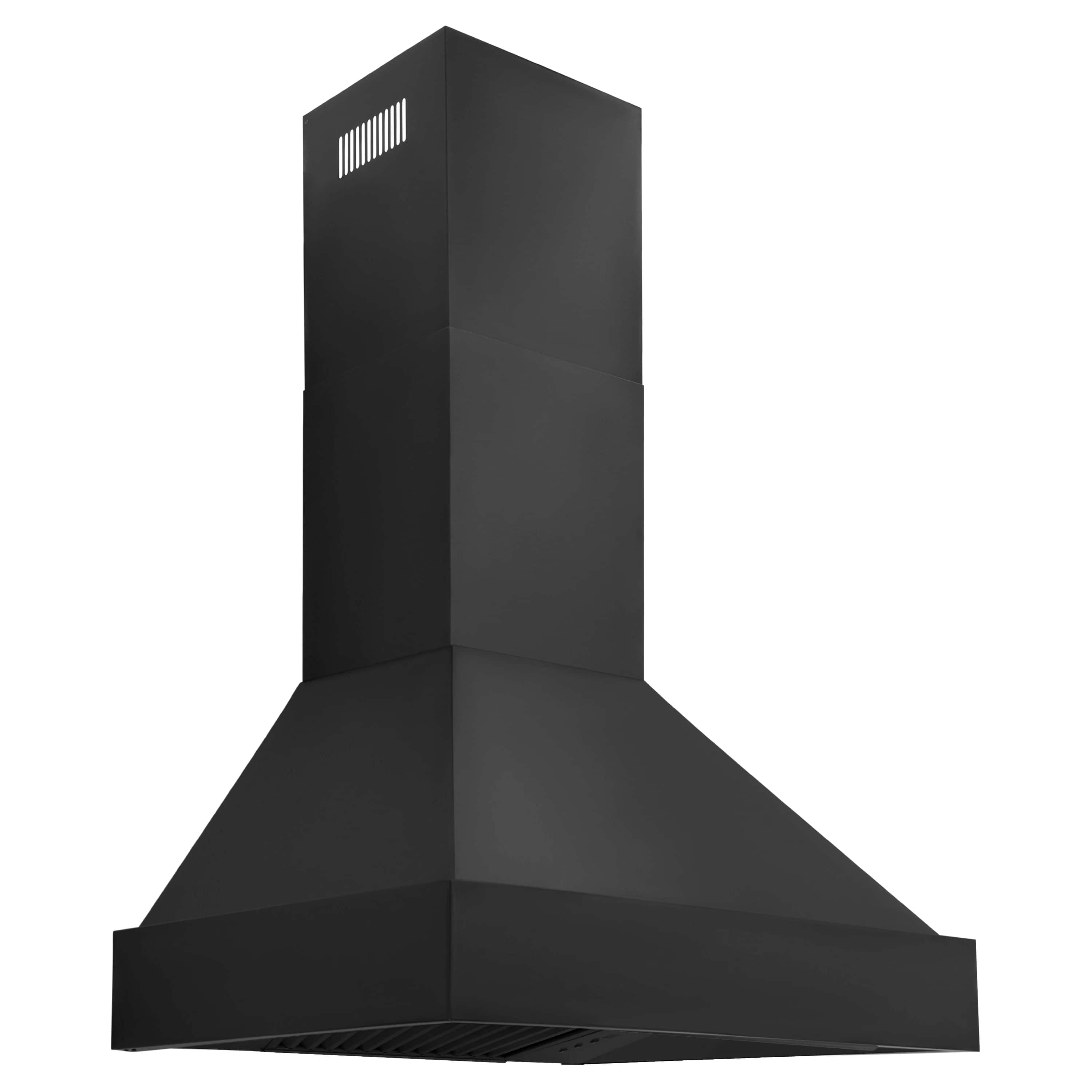 Black wall mount range hood with vertical chimney and sloped canopy