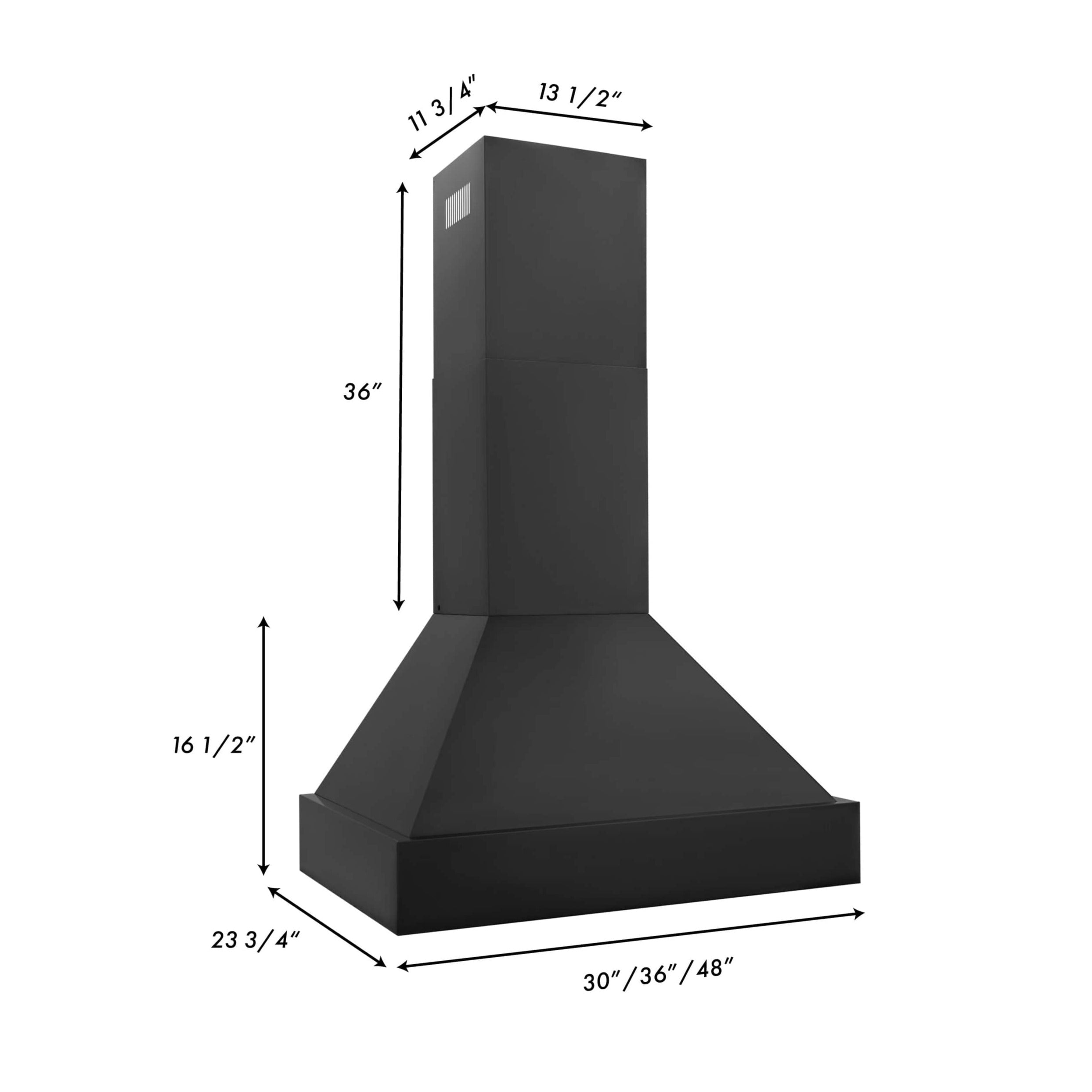 Black wall mount range hood showing overall size with measurement arrows