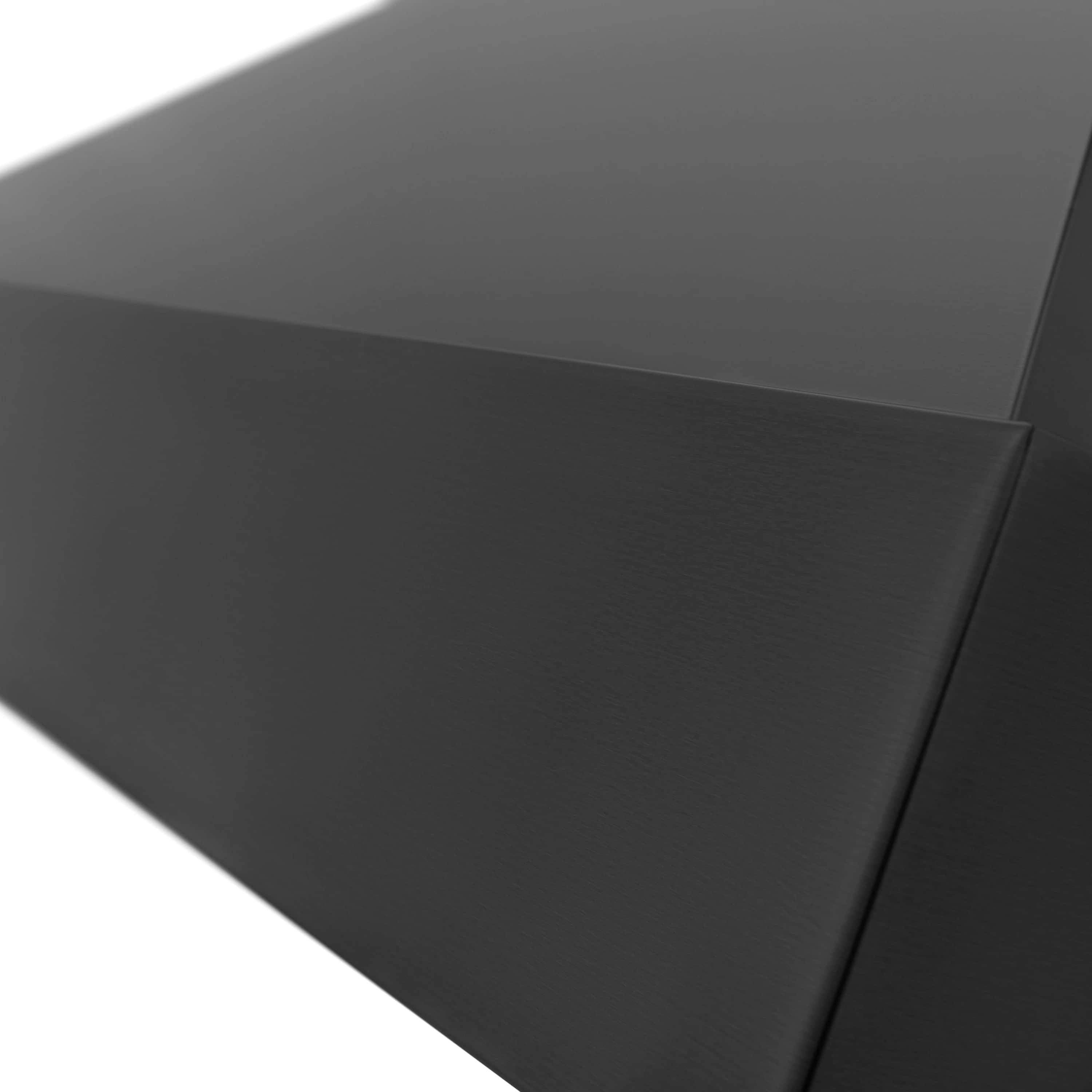 Black stainless steel wall mount range hood with angled panel corner detail