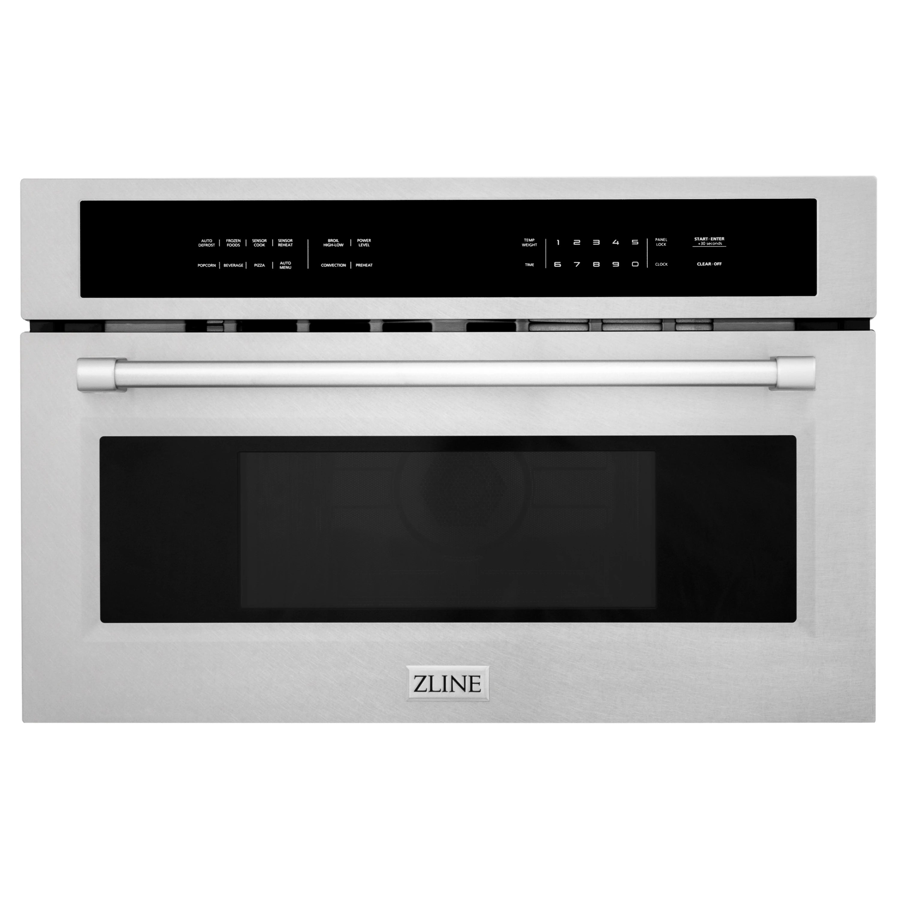 Built-in convection microwave oven in satin stainless steel with black control panel
