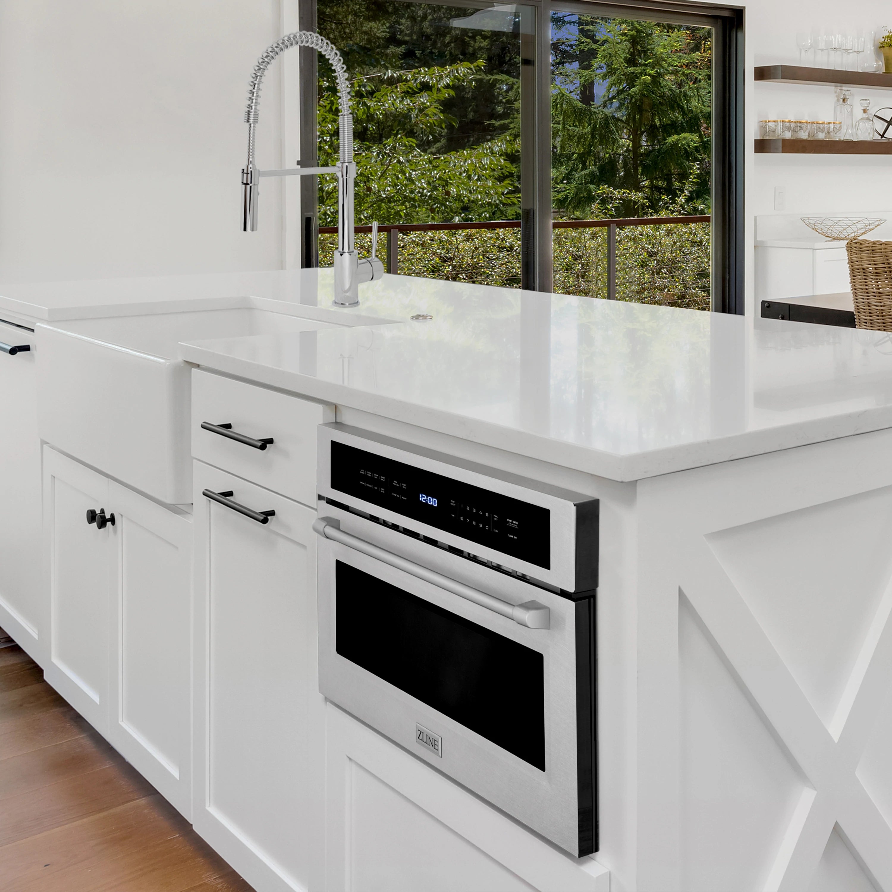 Built-in convection microwave oven in satin stainless, shown from the front-left