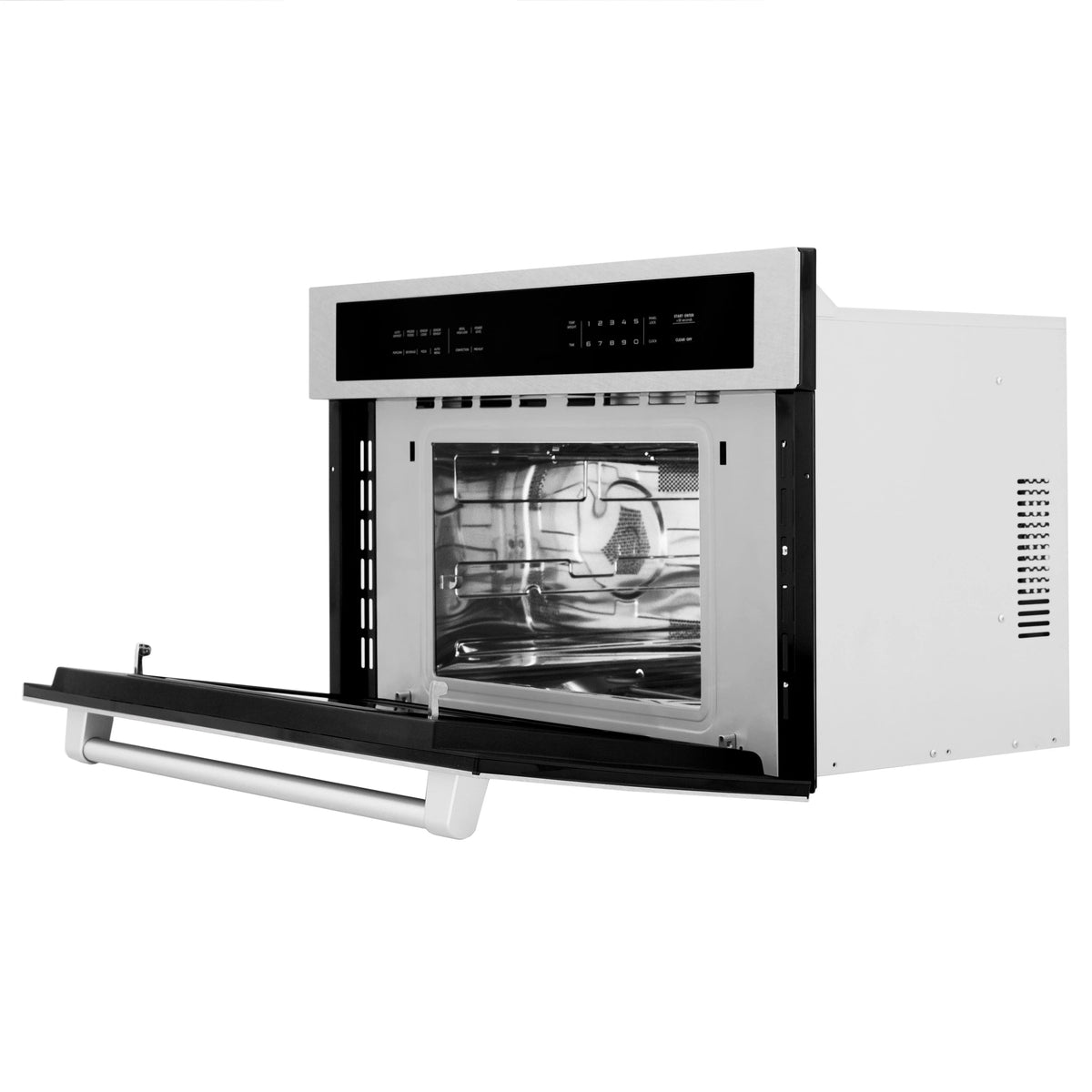 Convection microwave oven with side-open door and visible powered interior