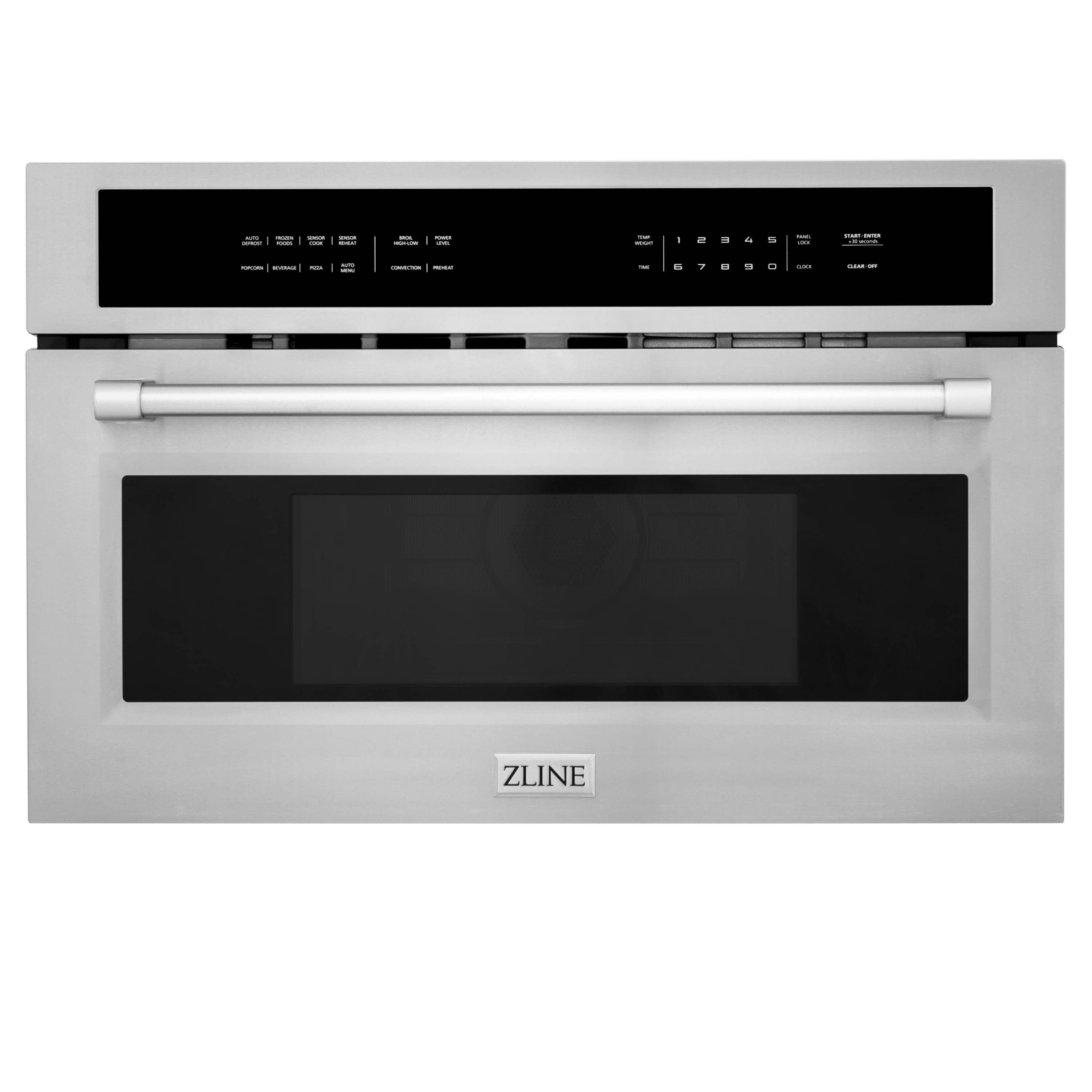 Built-in convection microwave oven front view in stainless steel with black glass door