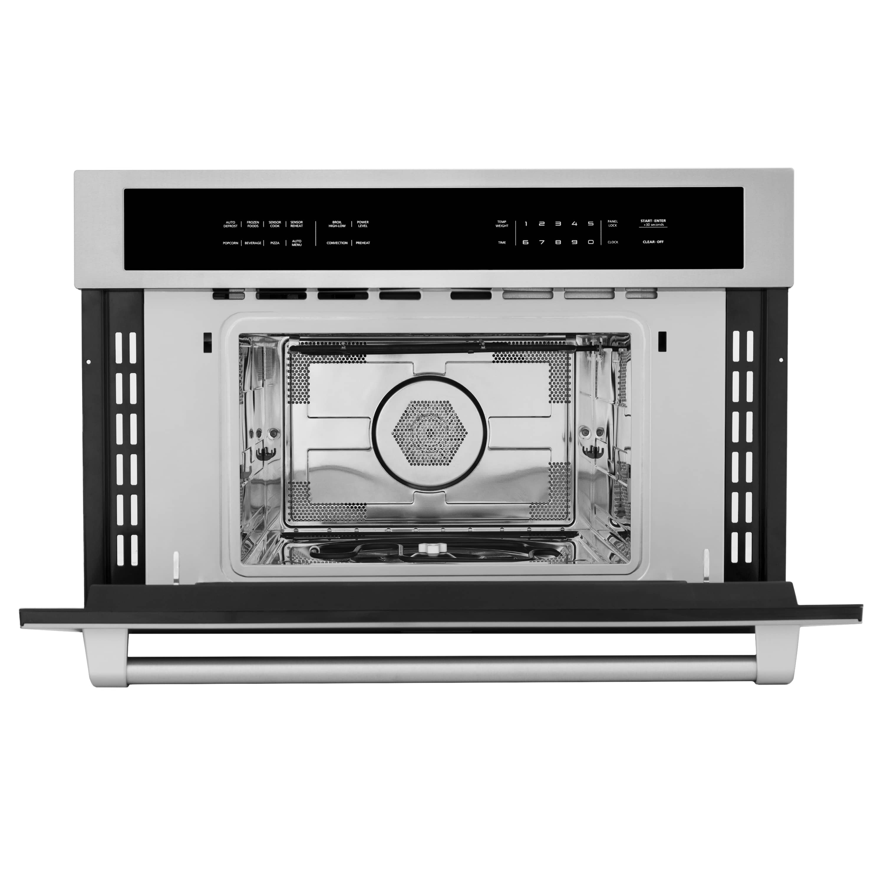 Built-in convection microwave with open door, showing metal interior cavity and turntable