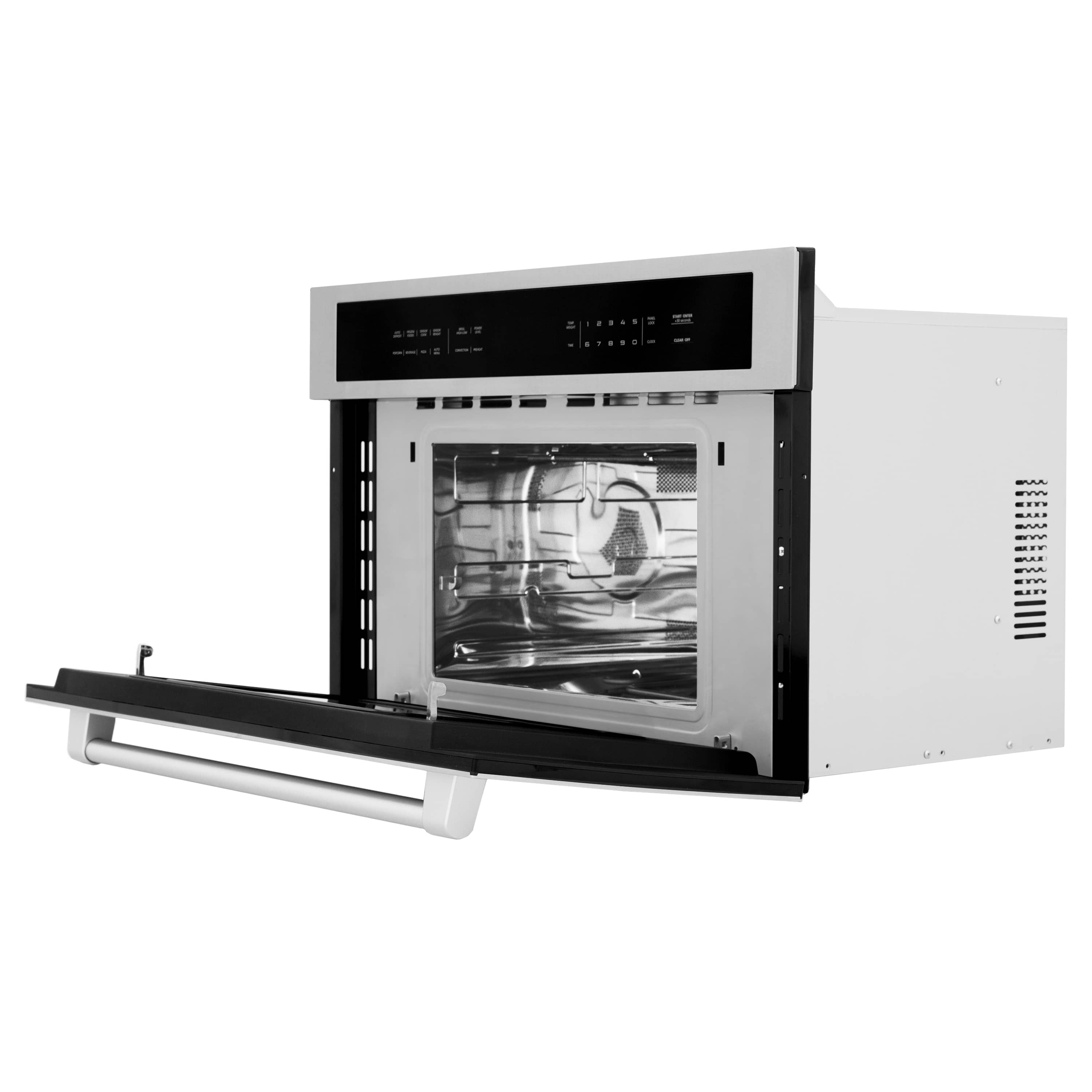 Microwave with open door showing lit interior cavity and central fan housing