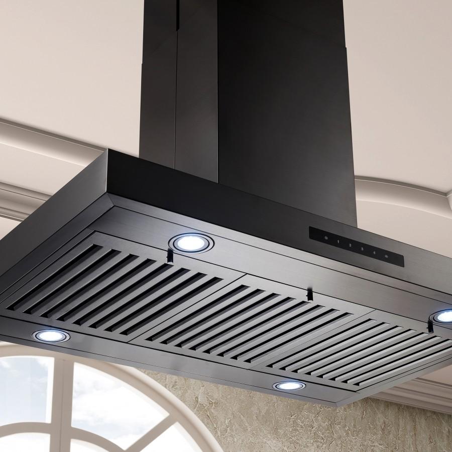Black stainless steel hood canopy with vent grille and circular LED lights