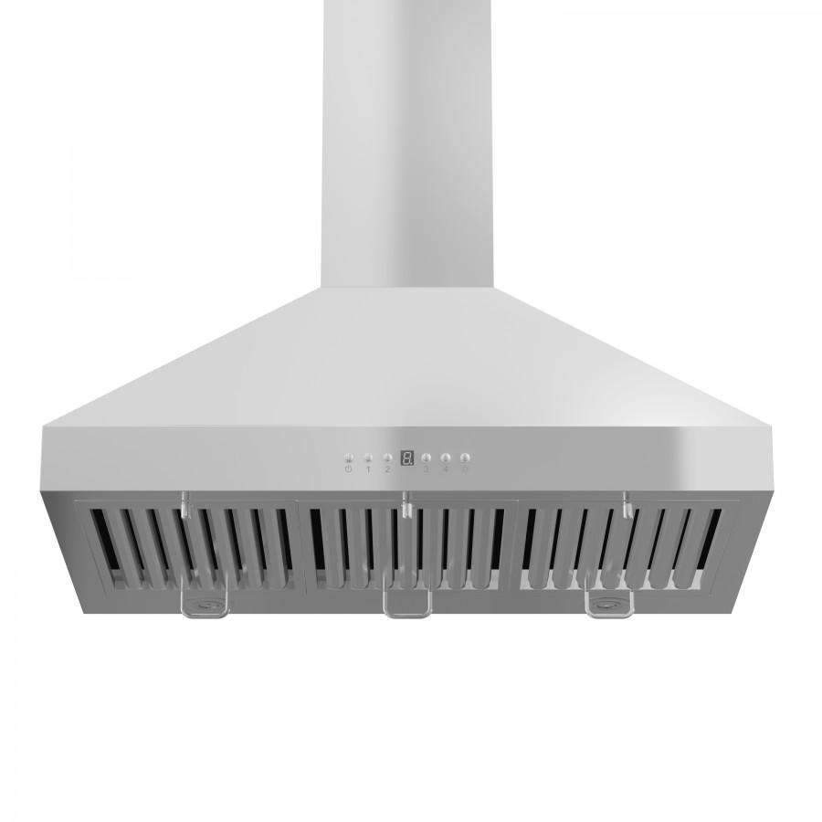 Stainless steel island mount range hood underside with vent slots and baffle filters