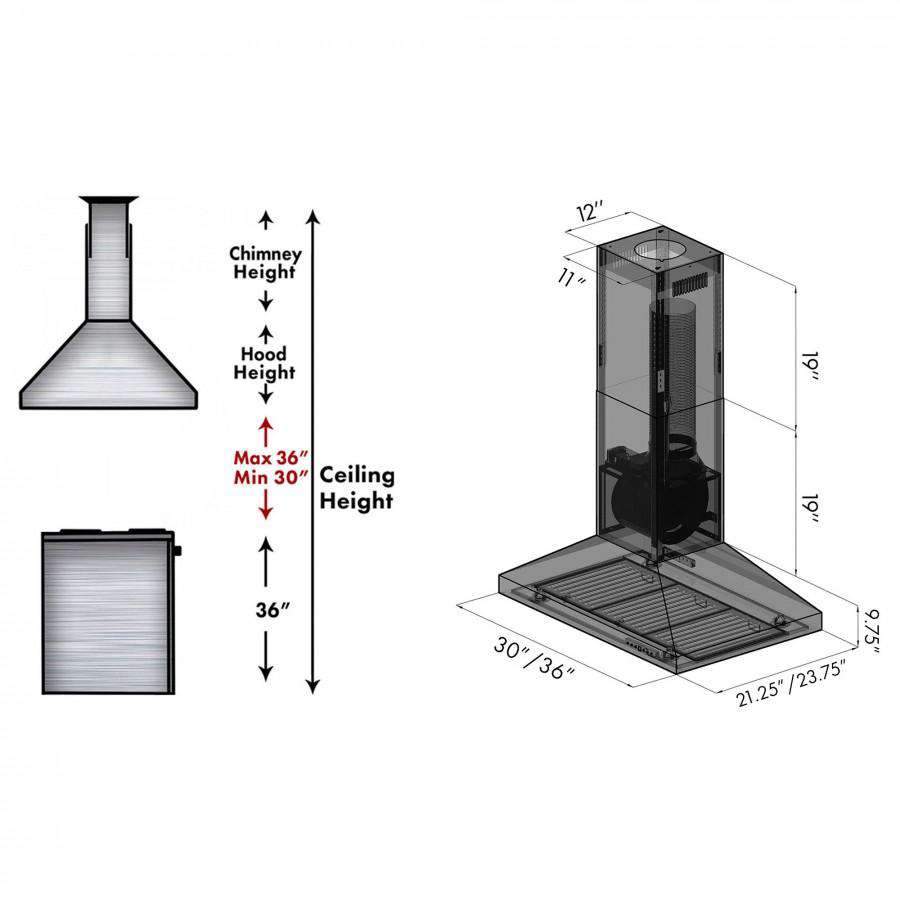 Range hood size diagram showing chimney and hood dimensions in inches