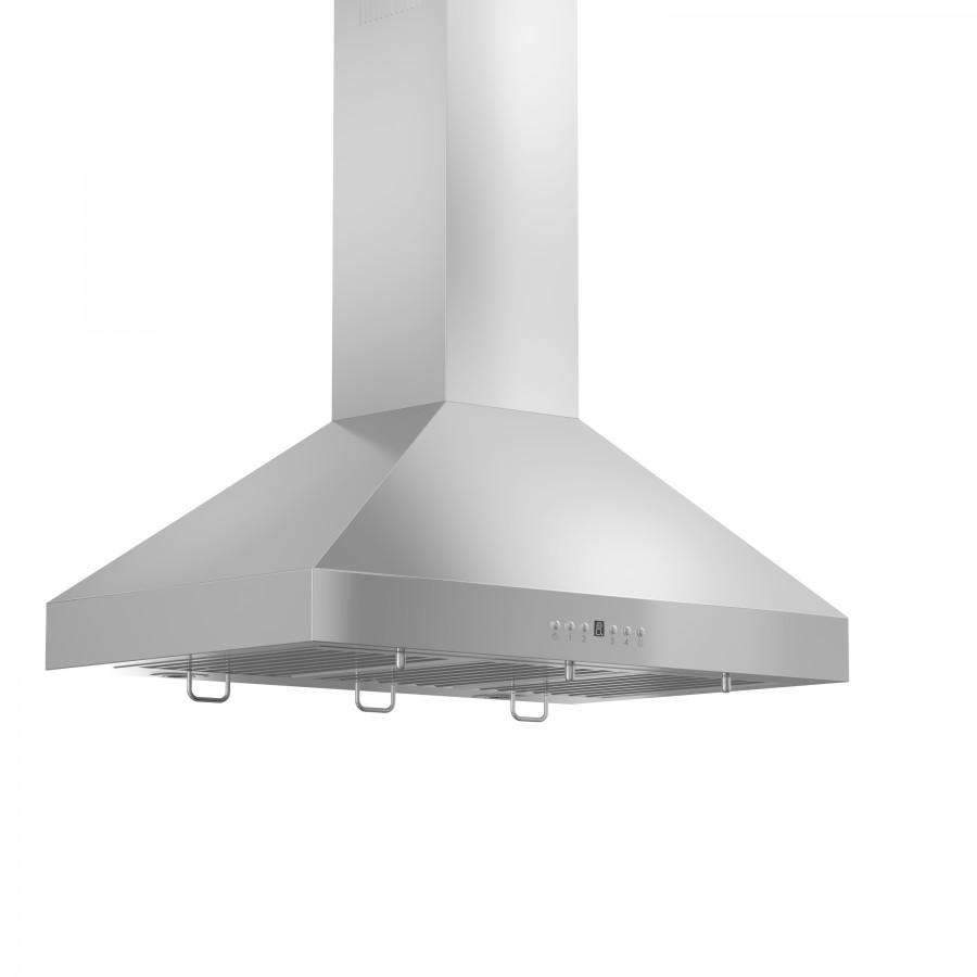 Stainless steel island mount range hood wide view showing filters and control buttons