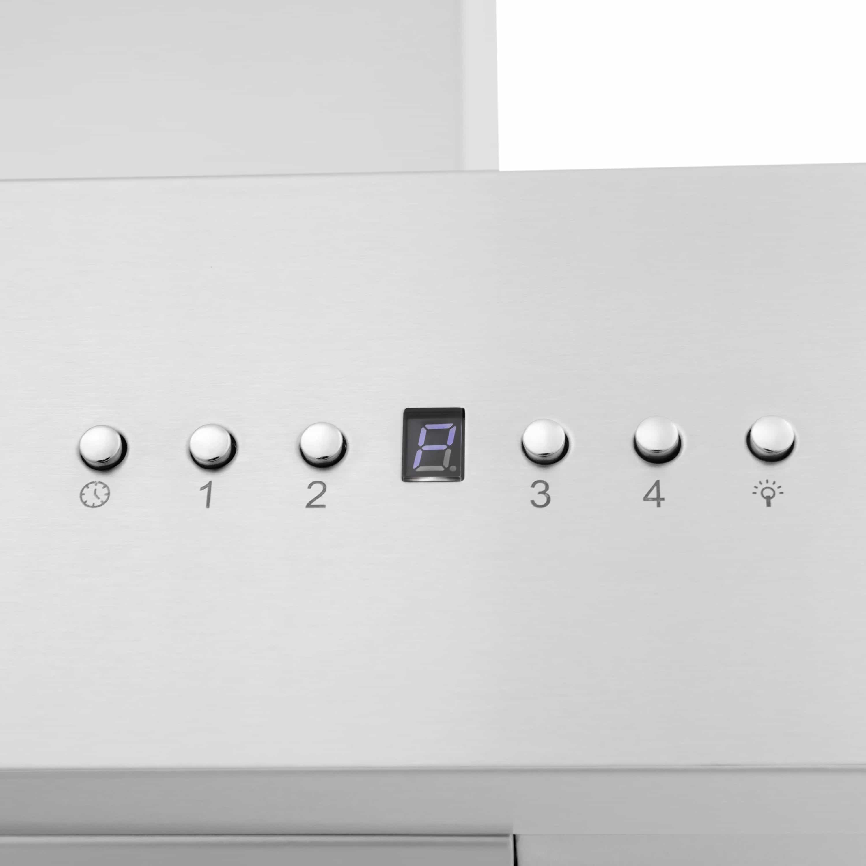 Range hood control panel with round knobs and a small digital display
