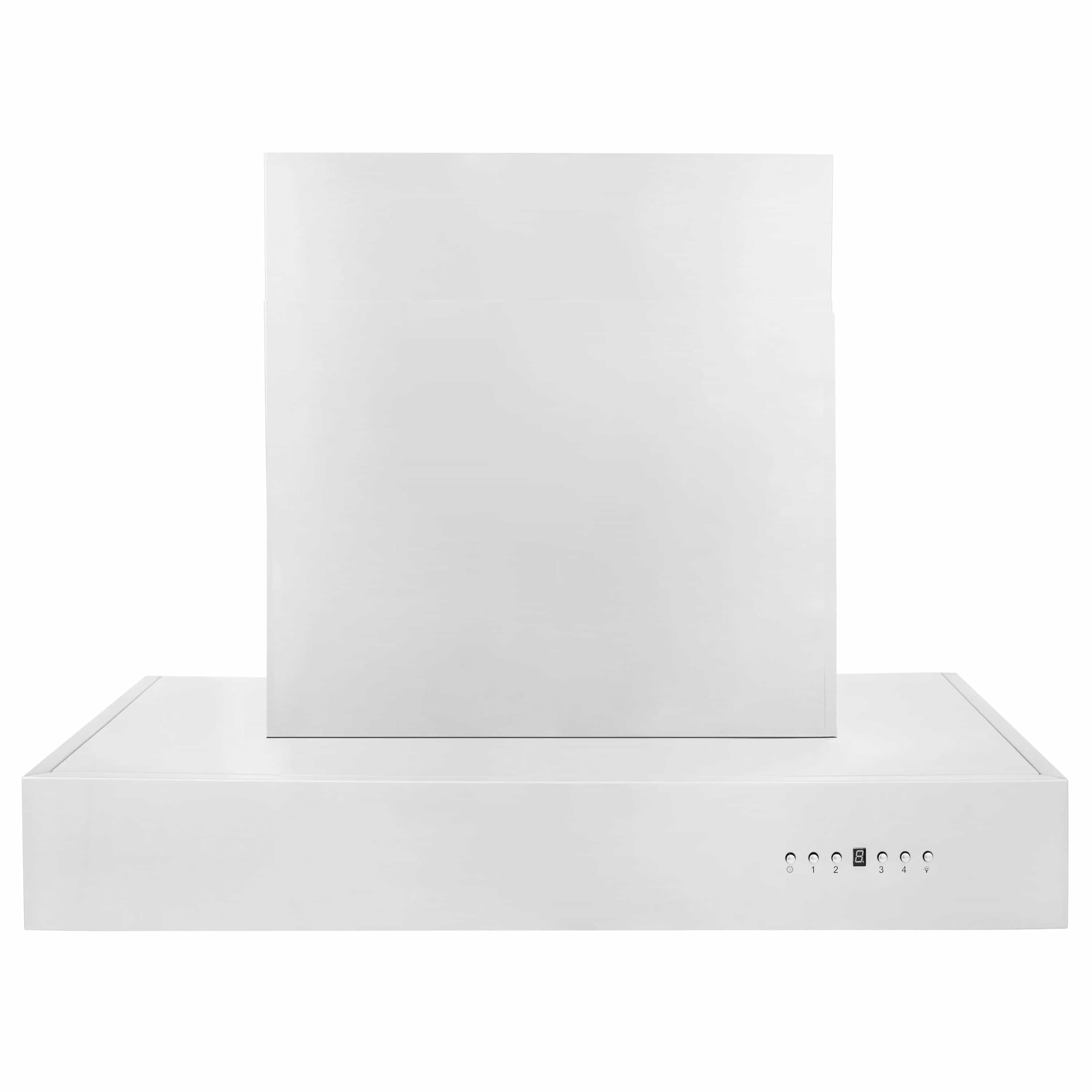 Stainless steel wall-mount range hood with control buttons on the front base strip