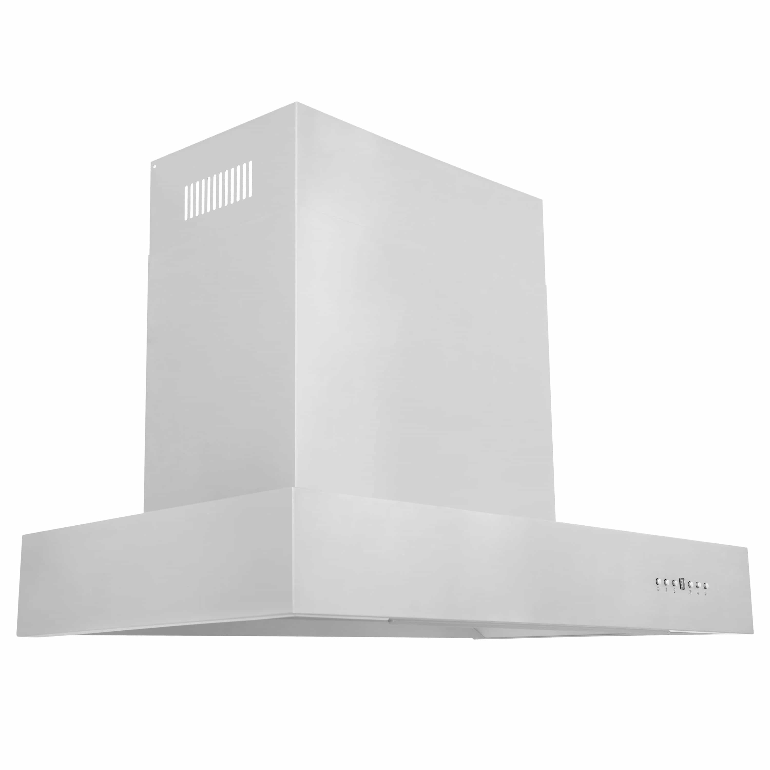 Chimney-style stainless steel wall-mount range hood with wide canopy and front vent