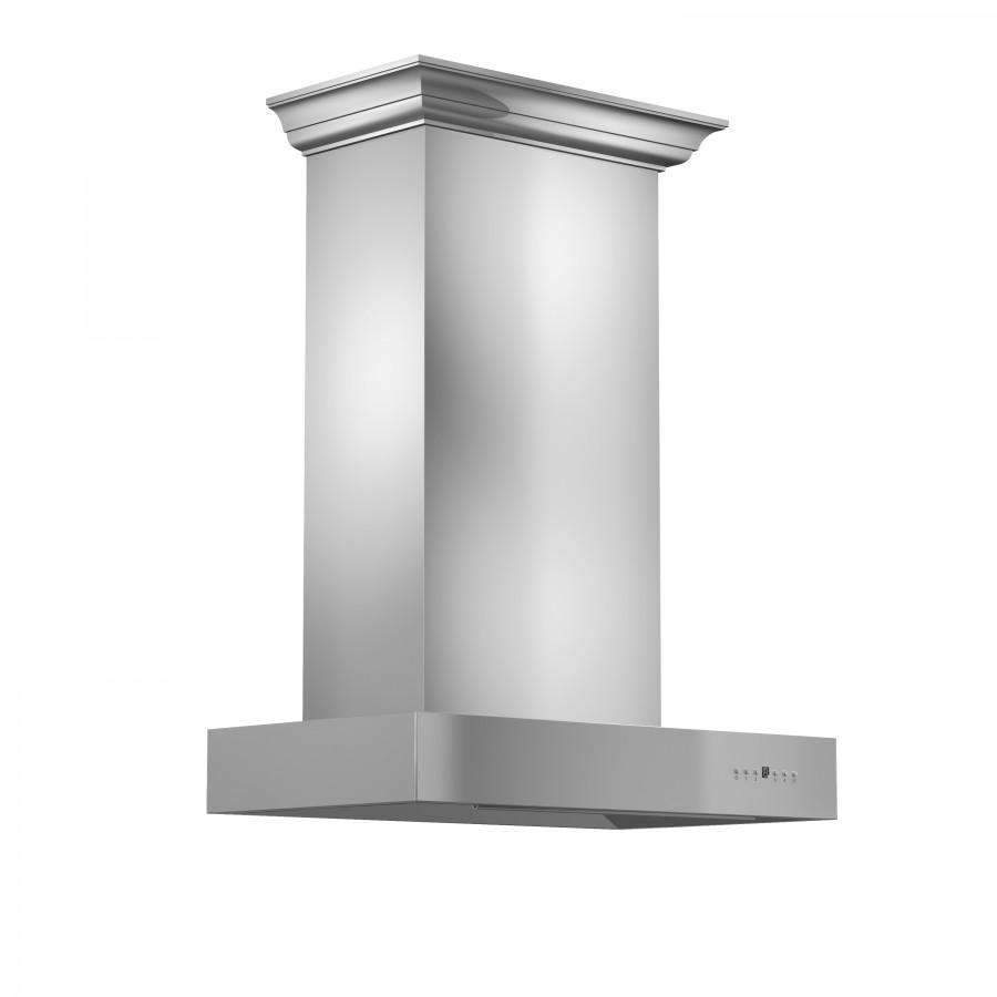 Stainless steel wall-mount range hood with crown molding and front control panel