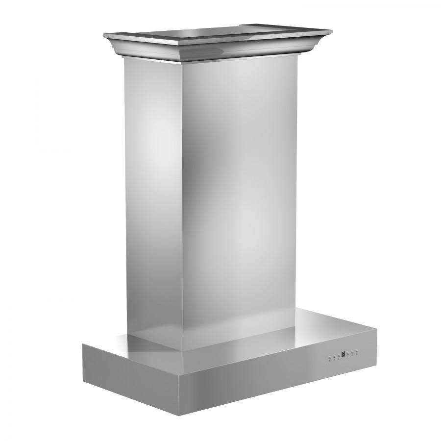 Stainless steel wall-mount range hood with square chimney column and flat canopy base