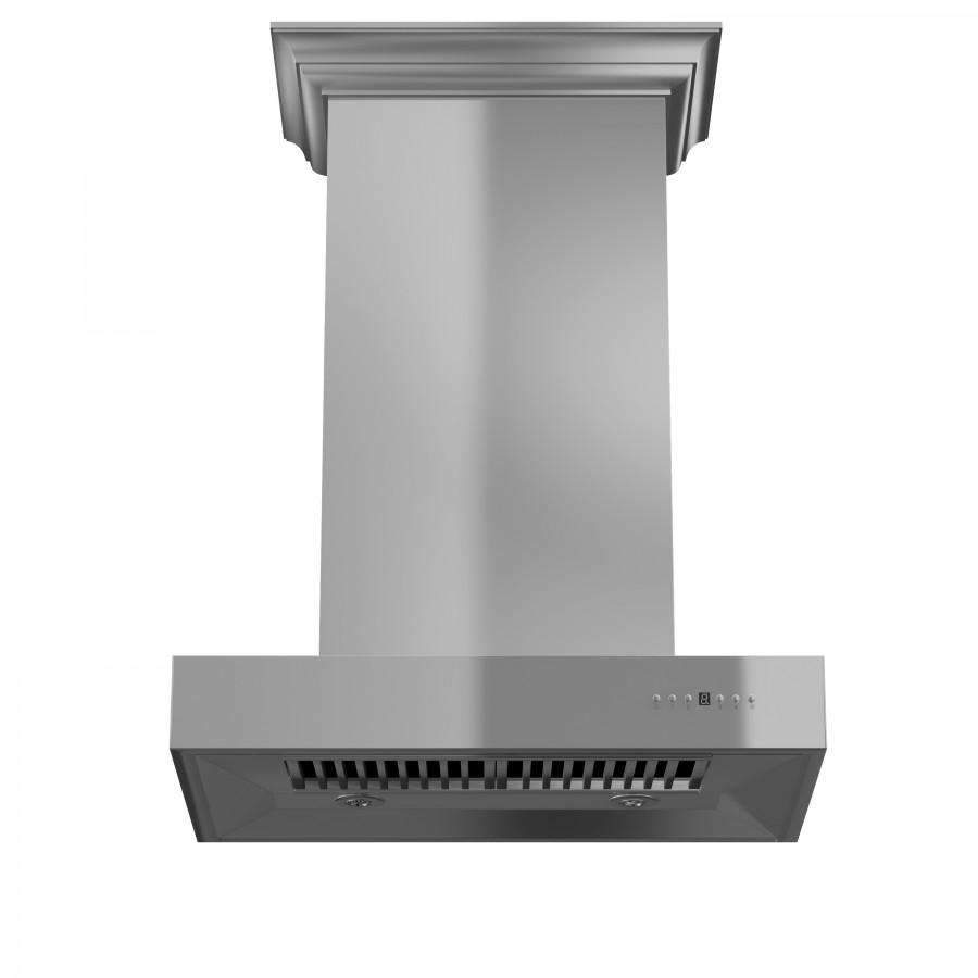 Stainless steel wall-mount range hood front with vent grilles and control buttons